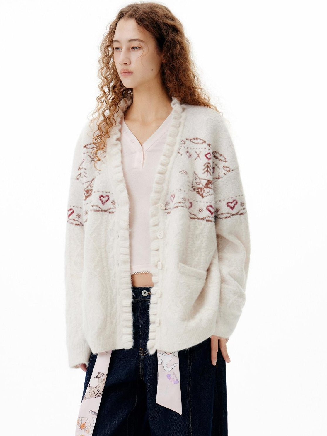 Outthe Blue Cozy Embroidered Animal Floral Loose V-neck Women Commuter Knit Cardigans