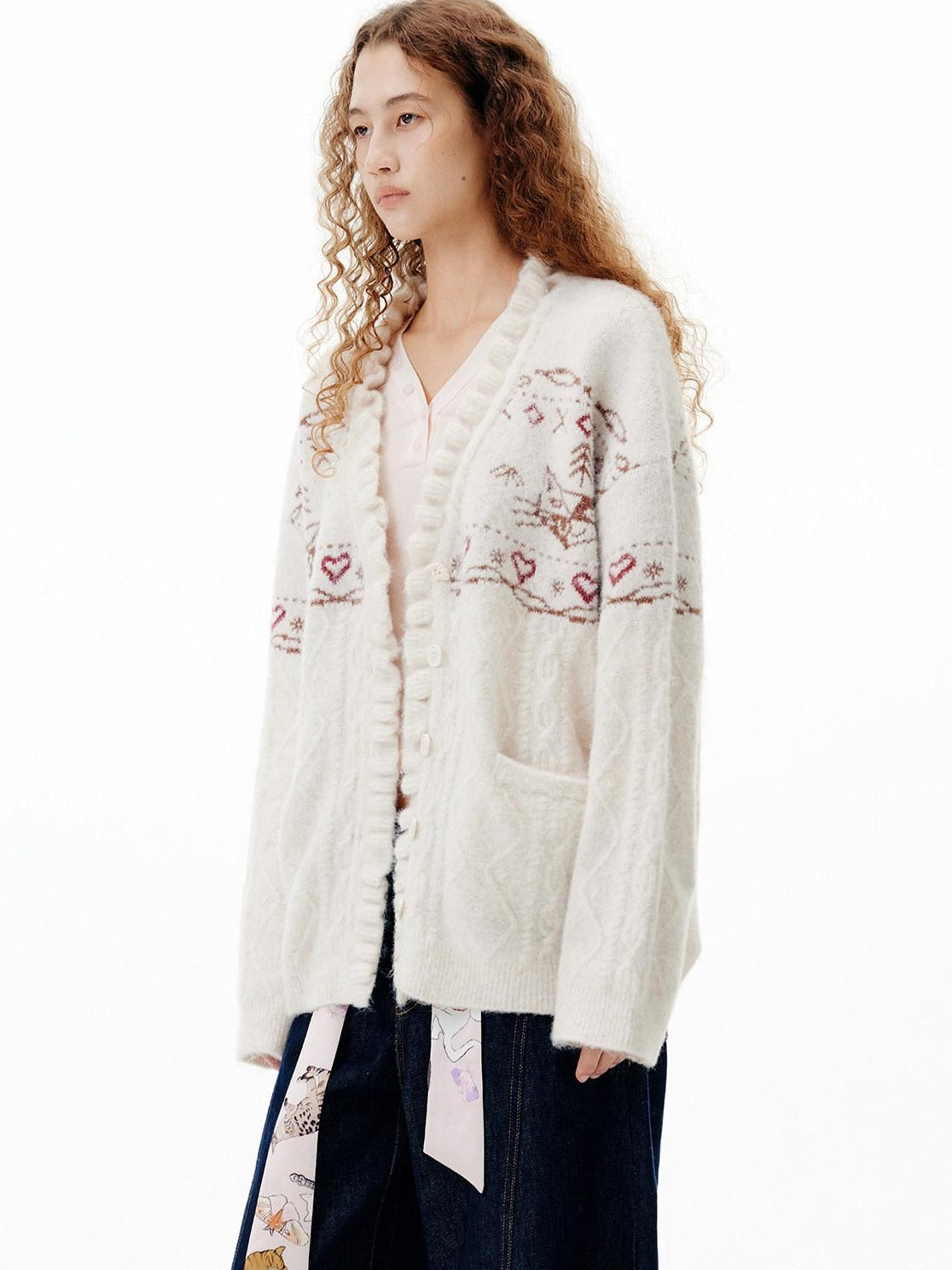 Outthe Blue Cozy Embroidered Animal Floral Loose V-neck Women Commuter Knit Cardigans
