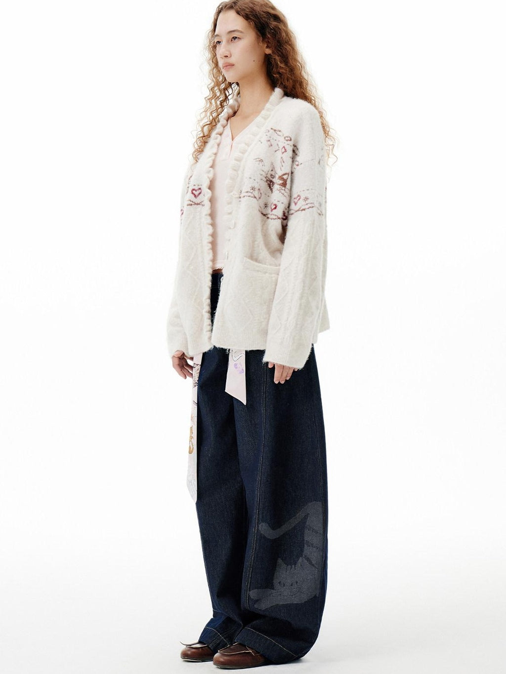 Outthe Blue Cozy Embroidered Animal Floral Loose V-neck Women Commuter Knit Cardigans