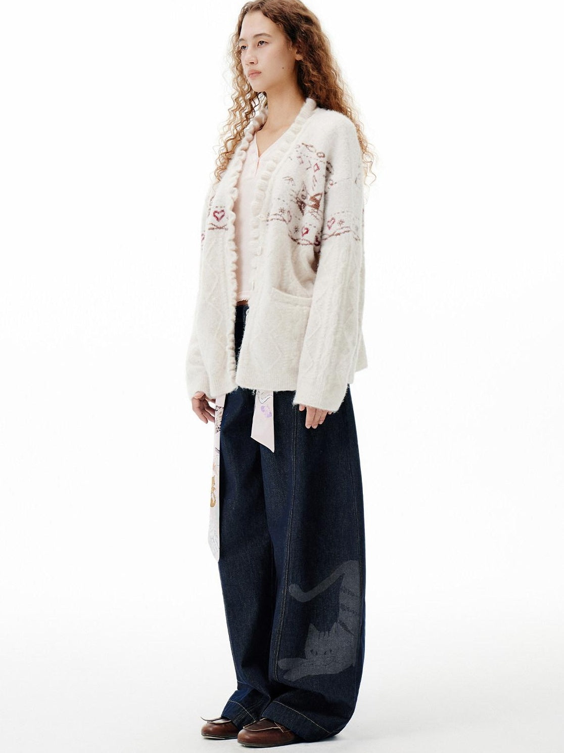 Outthe Blue Cozy Embroidered Animal Floral Loose V-neck Women Commuter Knit Cardigans