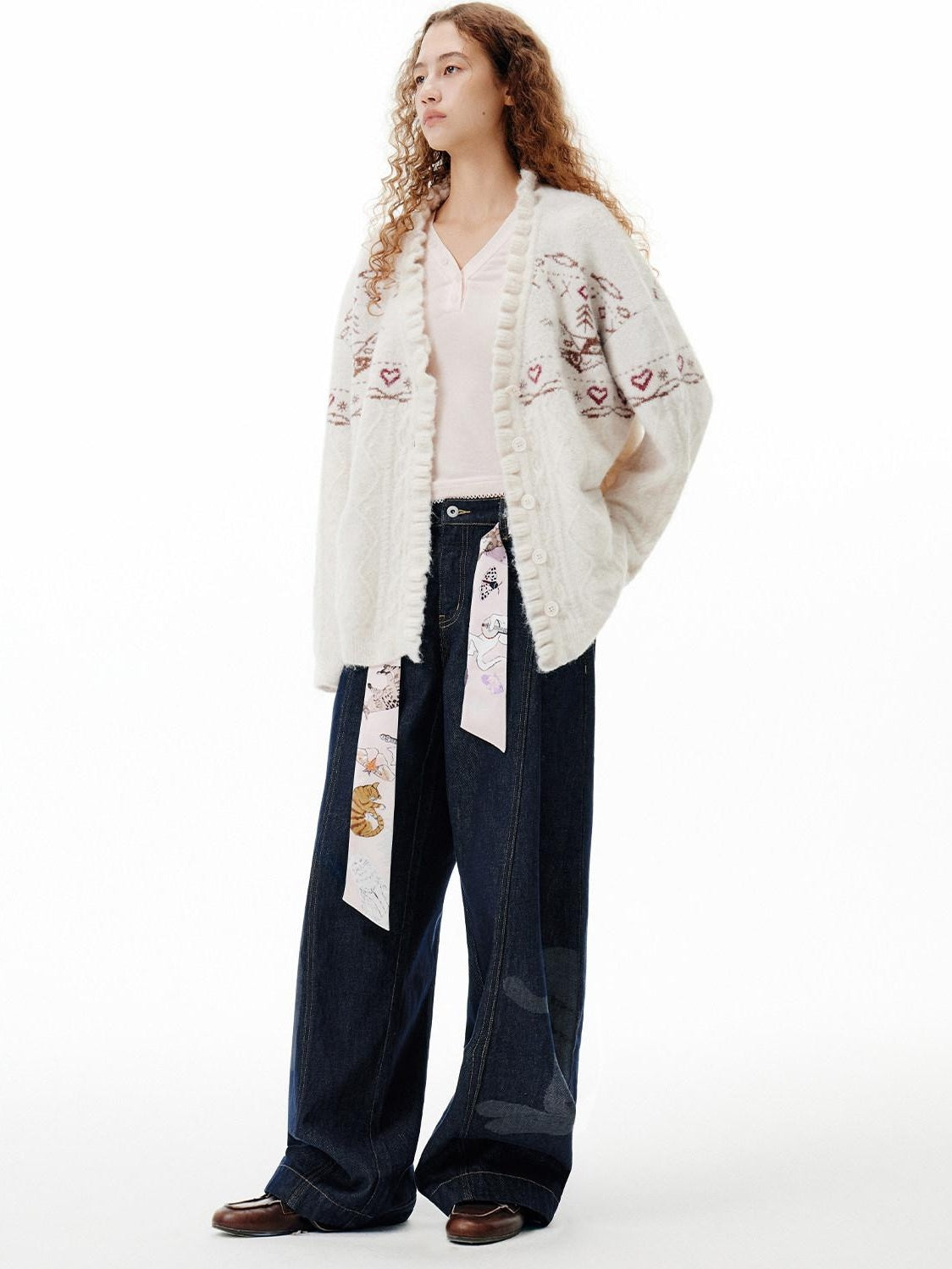 Outthe Blue Cozy Embroidered Animal Floral Loose V-neck Women Commuter Knit Cardigans