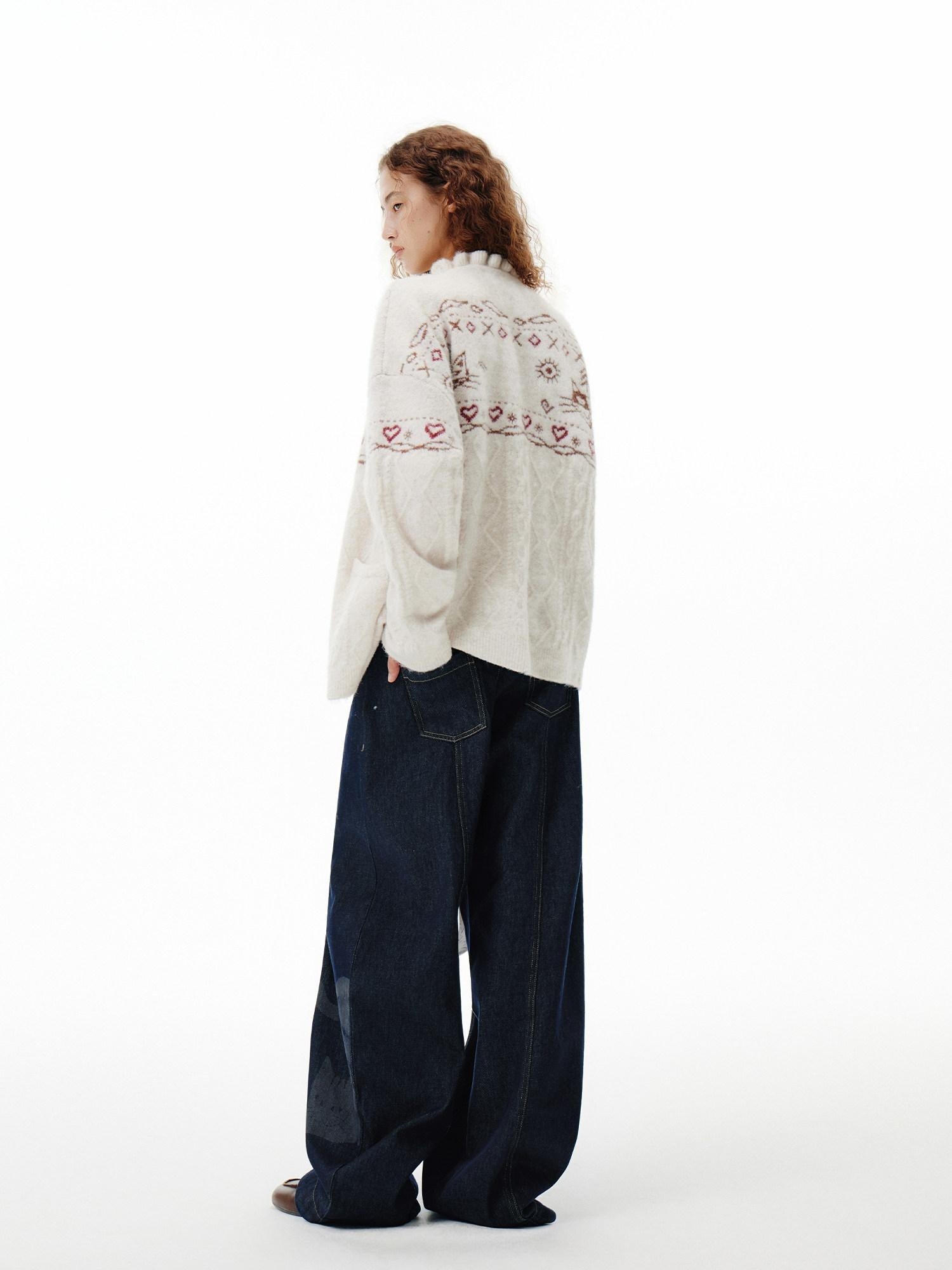 Outthe Blue Cozy Embroidered Animal Floral Loose V-neck Women Commuter Knit Cardigans