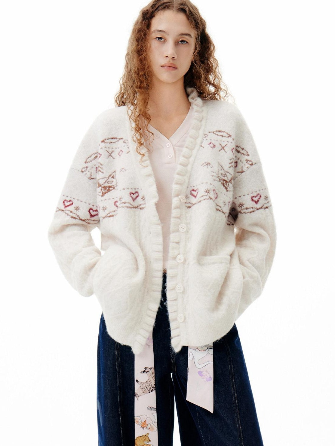 Outthe Blue Cozy Embroidered Animal Floral Loose V-neck Women Commuter Knit Cardigans