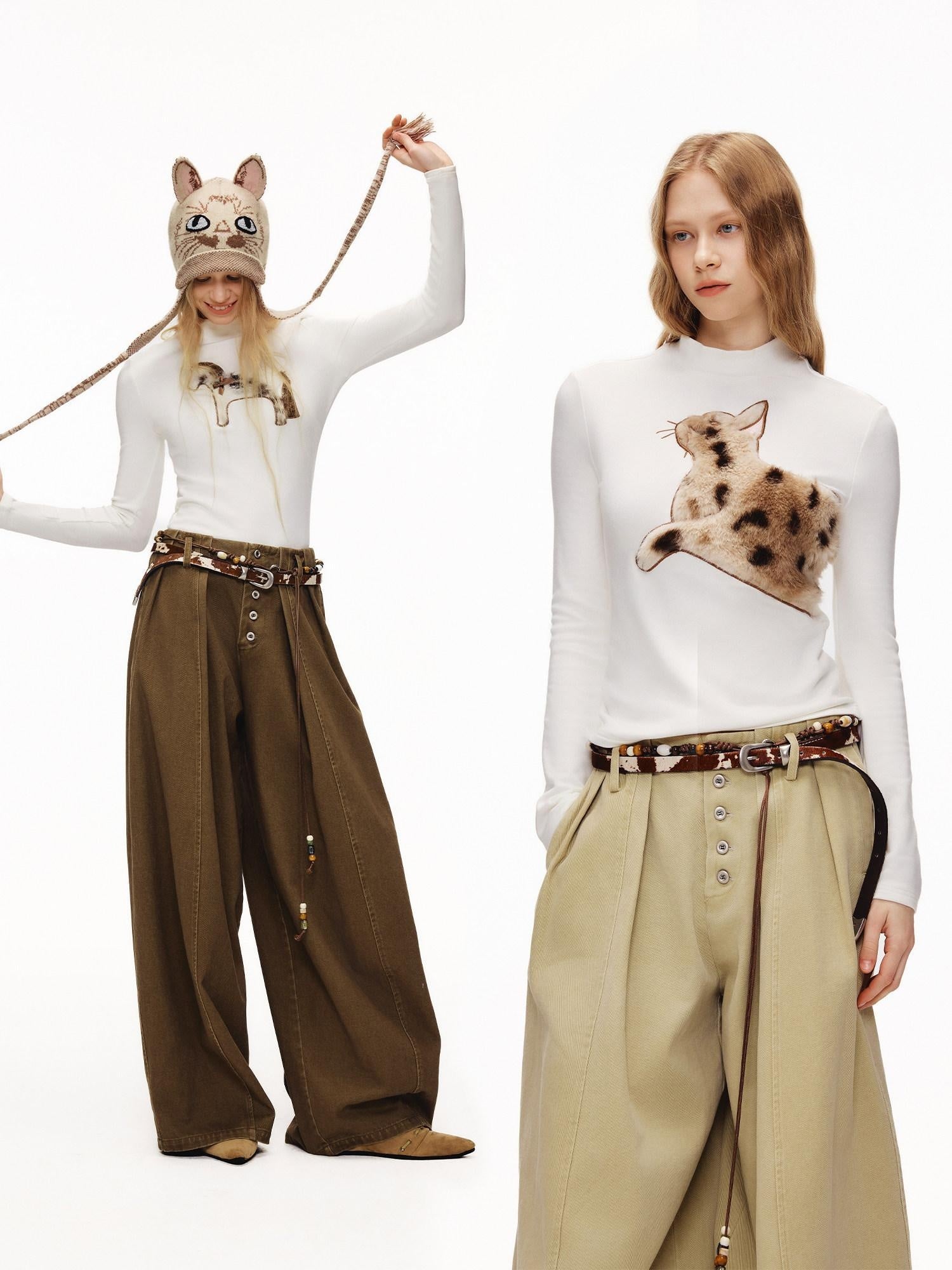 Outthe Blue Cozy Viscose Long Sleeve Slim Fit Applique Mock Neck Women Animal T-Shirts