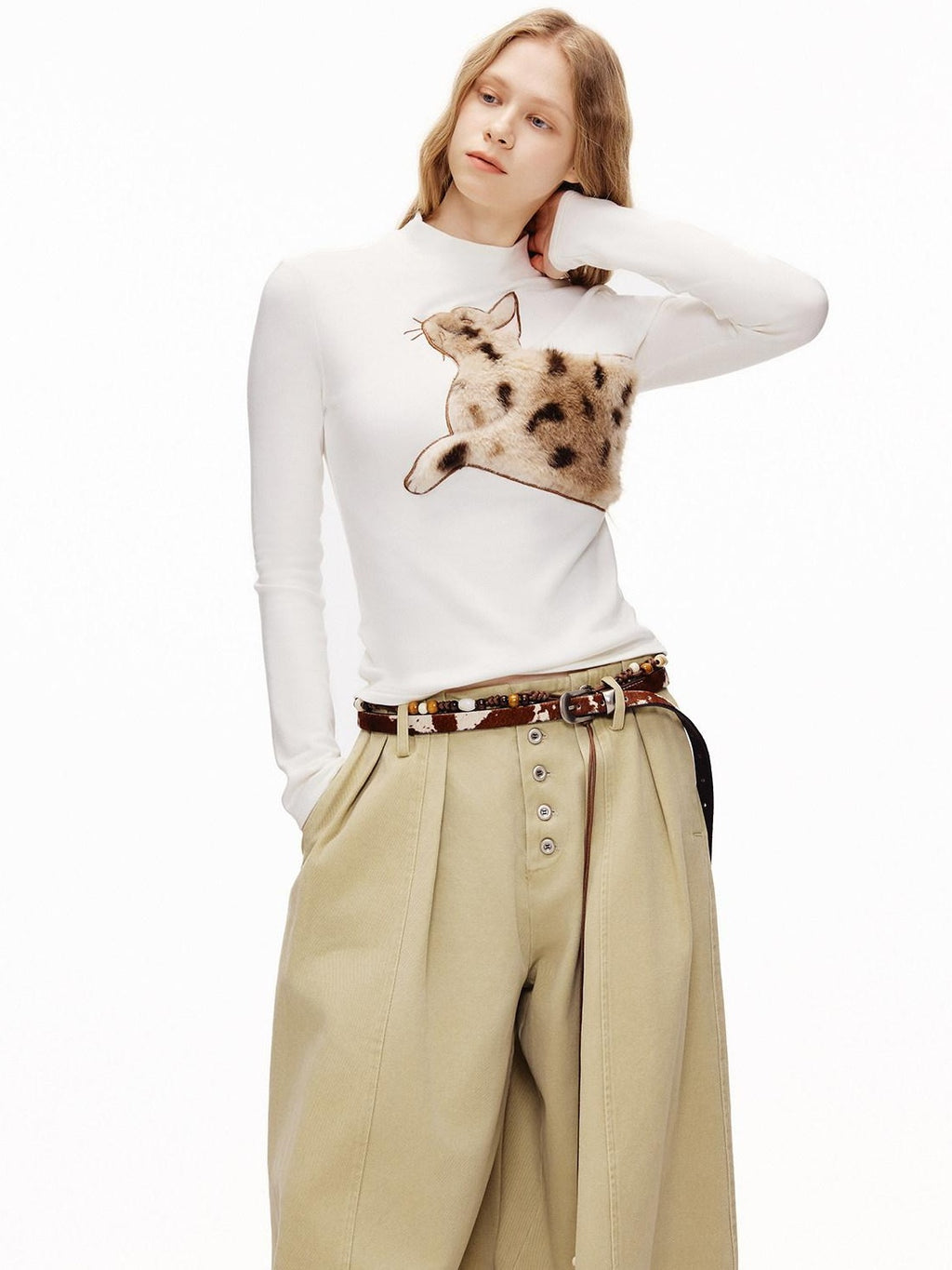 Outthe Blue Cozy Viscose Long Sleeve Slim Fit Applique Mock Neck Women Animal T-Shirts