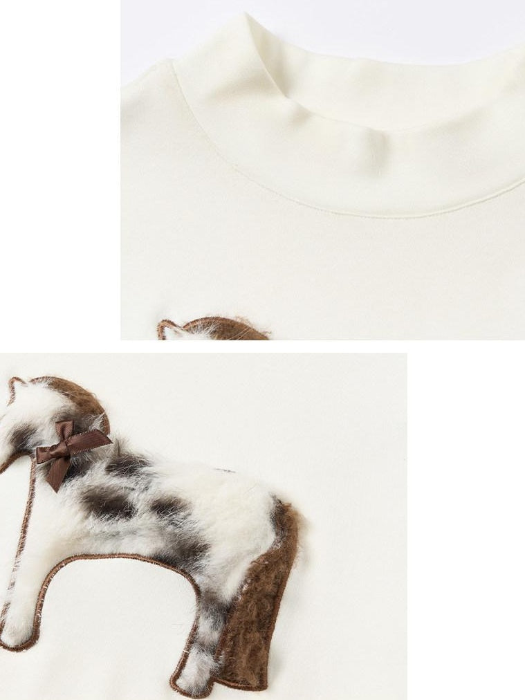 Outthe Blue Cozy Viscose Long Sleeve Slim Fit Applique Mock Neck Women Animal T-Shirts