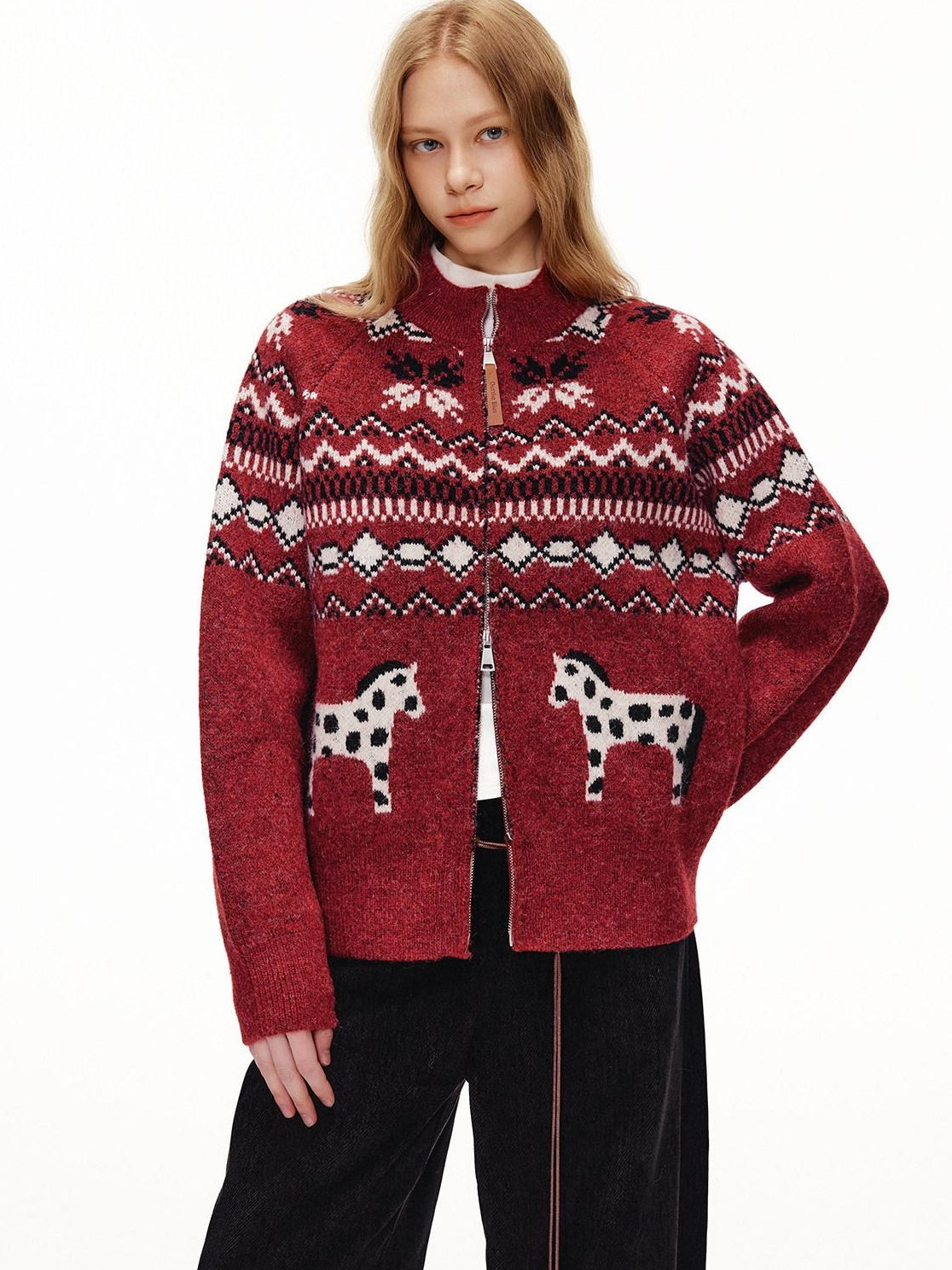 Outthe Blue Cozy Warm Relaxed Fit Jacquard High Neck Zipper Women Burgundy Knit Cardigans