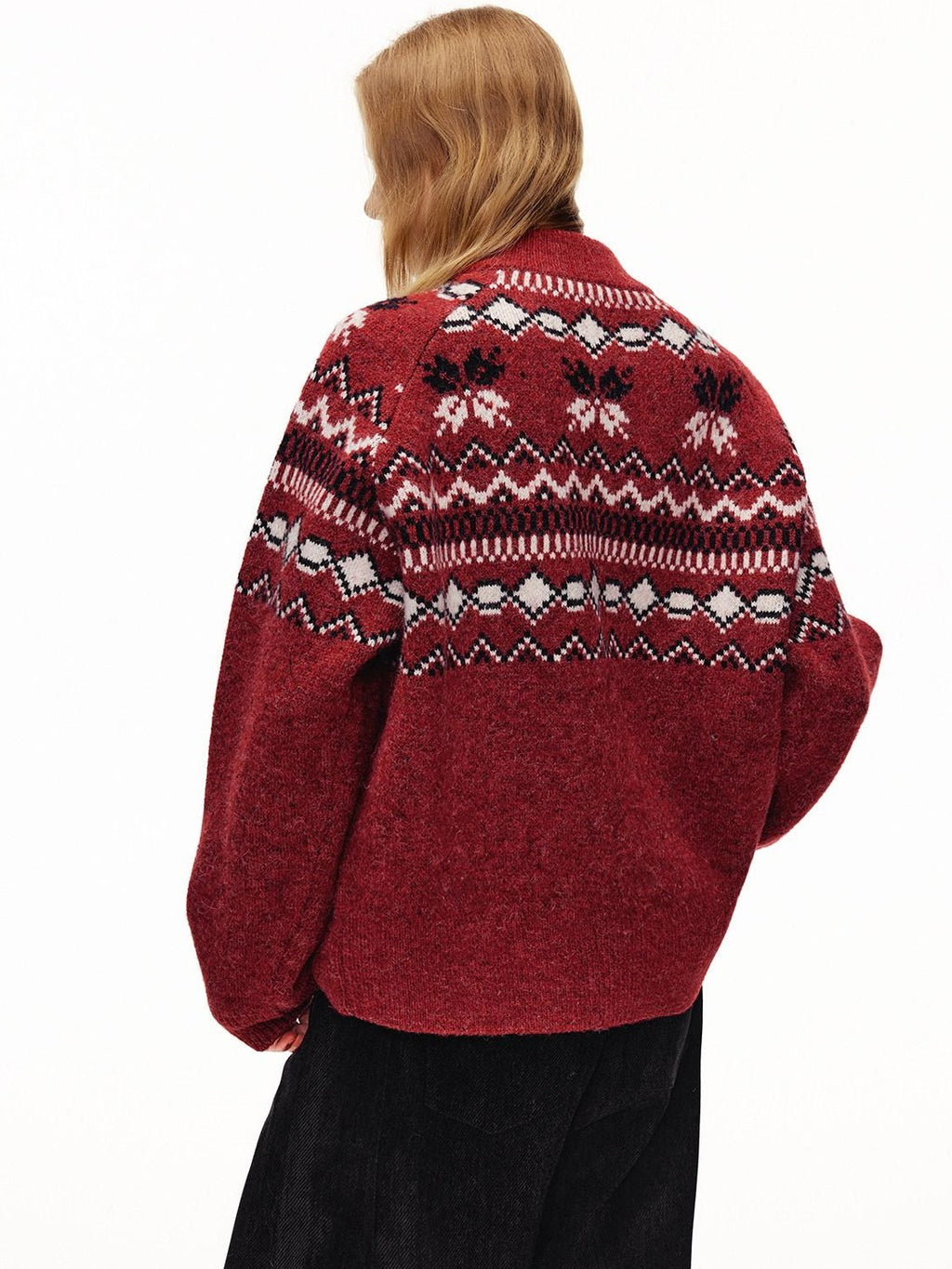 Outthe Blue Cozy Warm Relaxed Fit Jacquard High Neck Zipper Women Burgundy Knit Cardigans