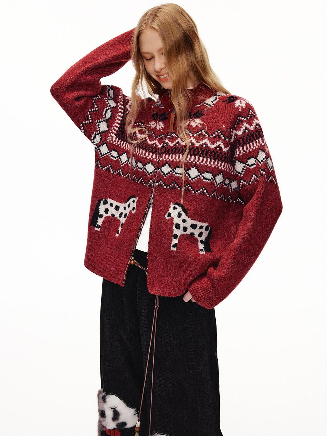 Outthe Blue Cozy Warm Relaxed Fit Jacquard High Neck Zipper Women Burgundy Knit Cardigans