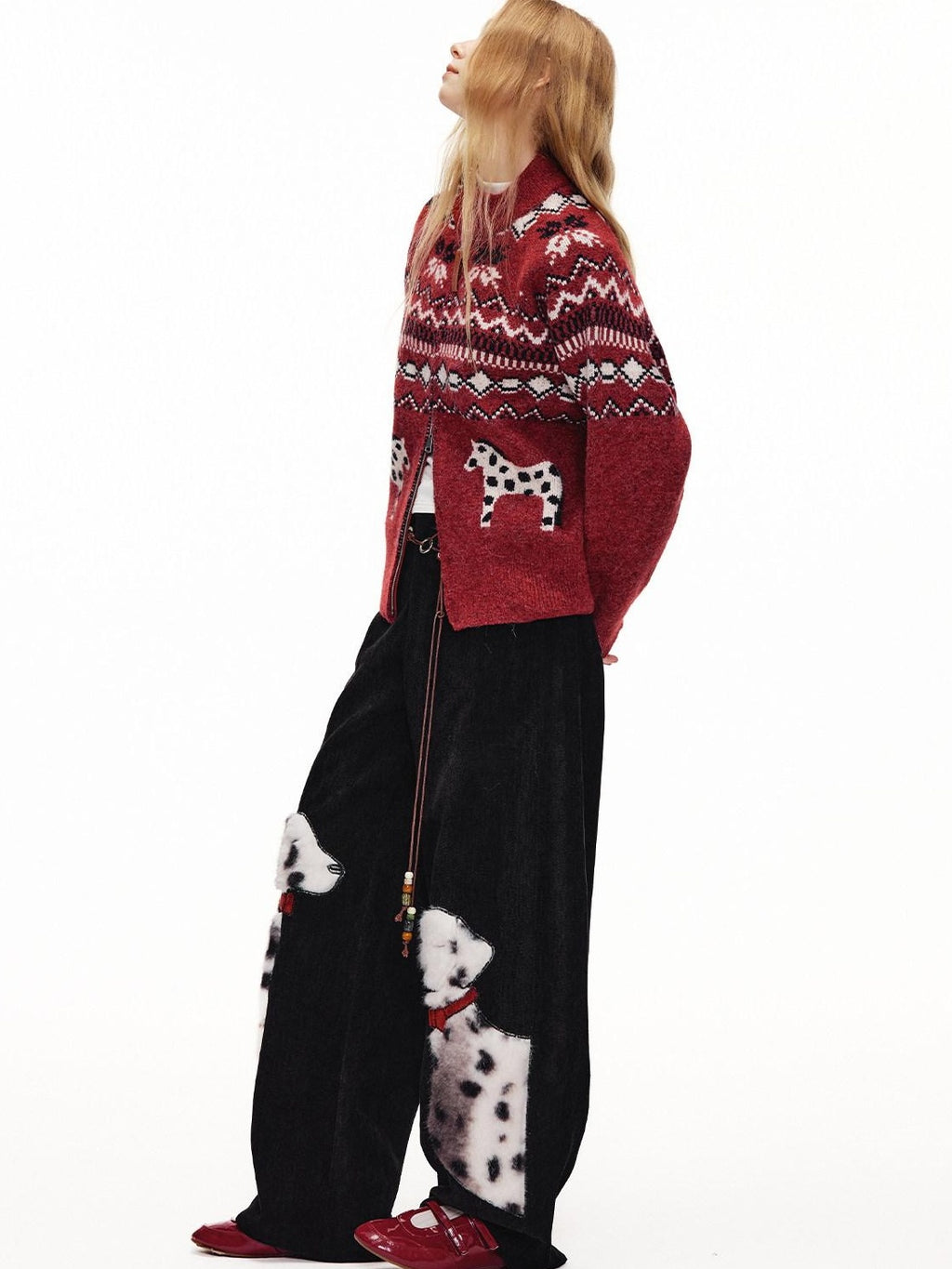 Outthe Blue Cozy Warm Relaxed Fit Jacquard High Neck Zipper Women Burgundy Knit Cardigans
