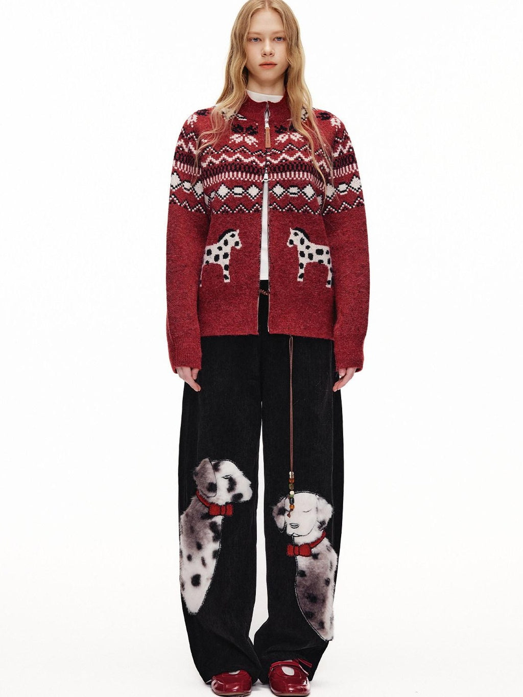 Outthe Blue Cozy Warm Relaxed Fit Jacquard High Neck Zipper Women Burgundy Knit Cardigans
