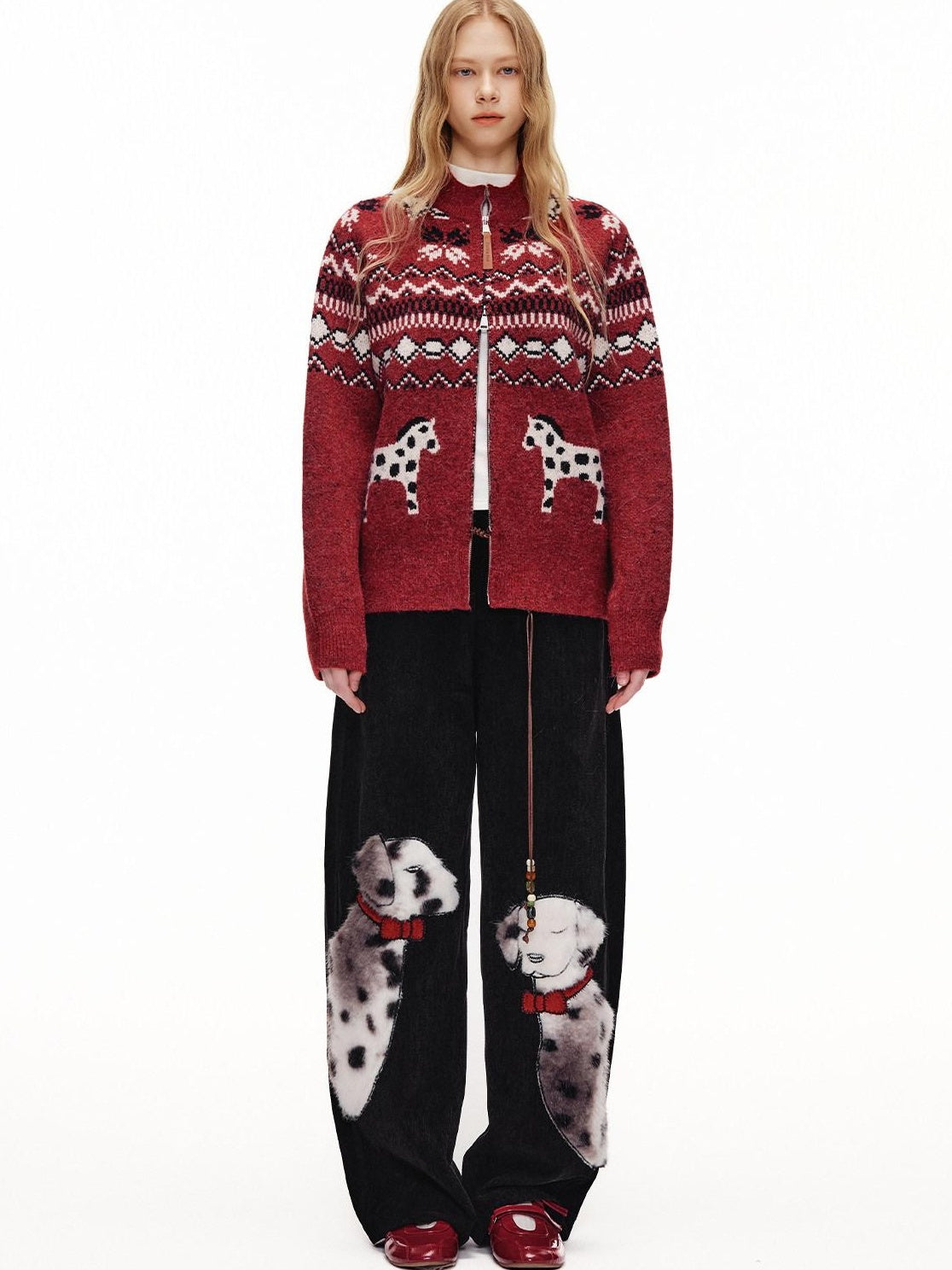 Outthe Blue Cozy Warm Relaxed Fit Jacquard High Neck Zipper Women Burgundy Knit Cardigans