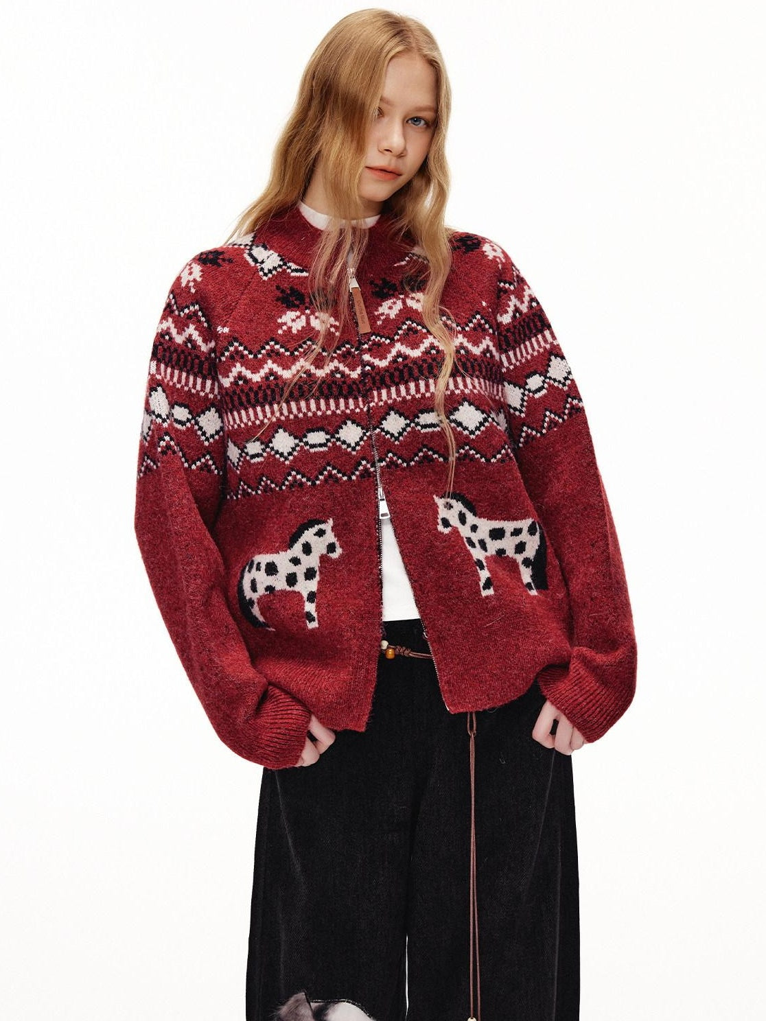 Outthe Blue Cozy Warm Relaxed Fit Jacquard High Neck Zipper Women Burgundy Knit Cardigans