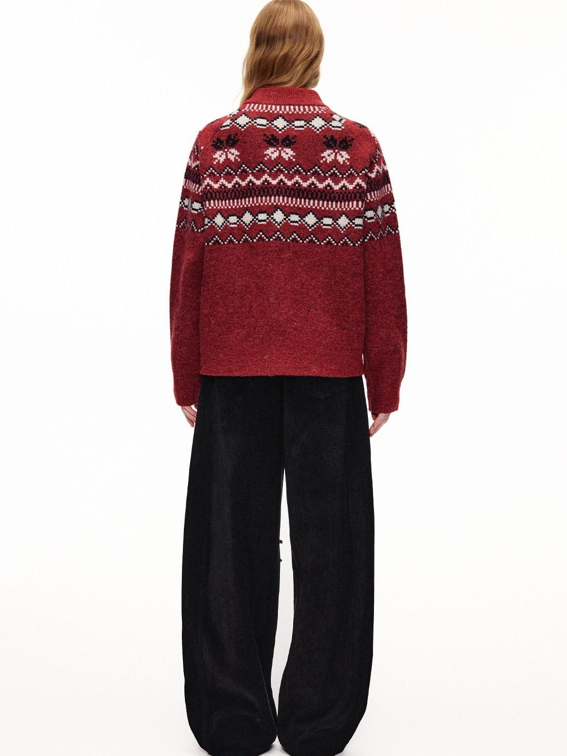 Outthe Blue Cozy Warm Relaxed Fit Jacquard High Neck Zipper Women Burgundy Knit Cardigans
