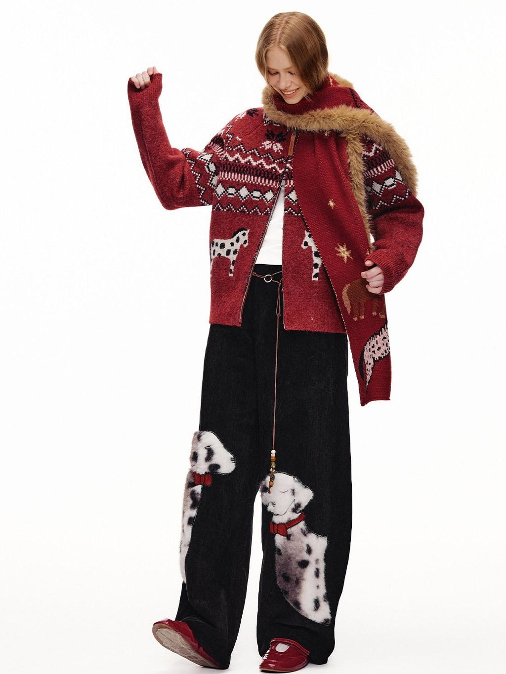 Outthe Blue Cozy Warm Relaxed Fit Jacquard High Neck Zipper Women Burgundy Knit Cardigans