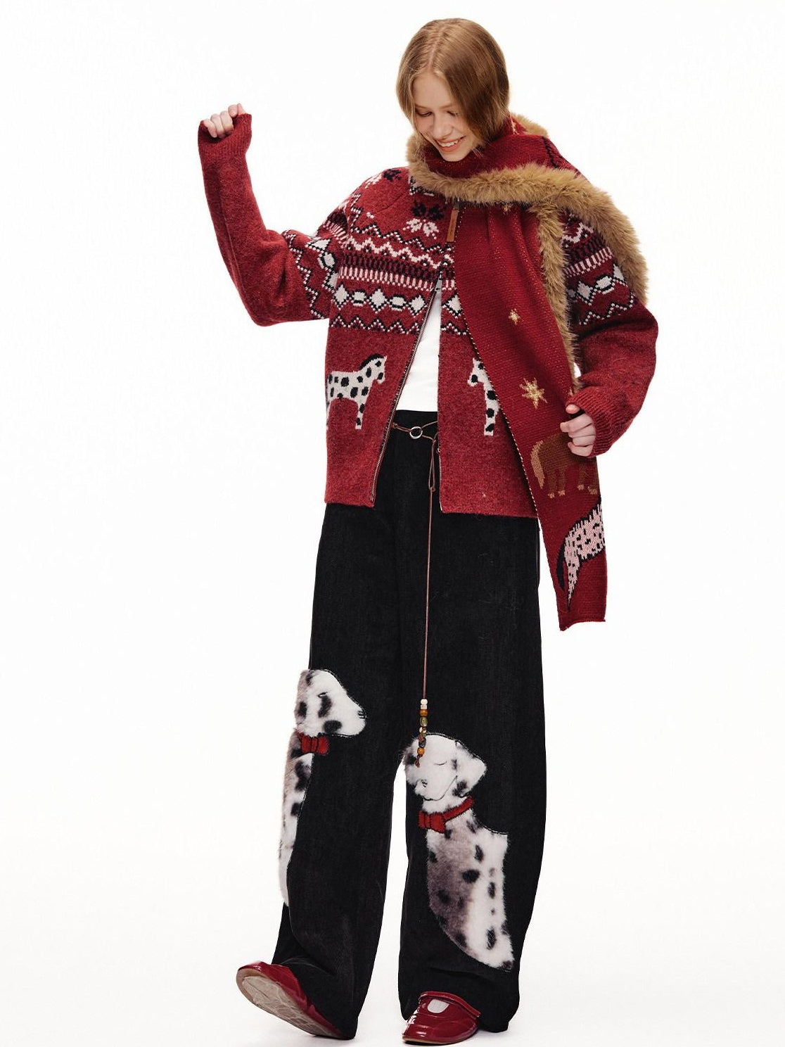 Outthe Blue Cozy Warm Relaxed Fit Jacquard High Neck Zipper Women Burgundy Knit Cardigans