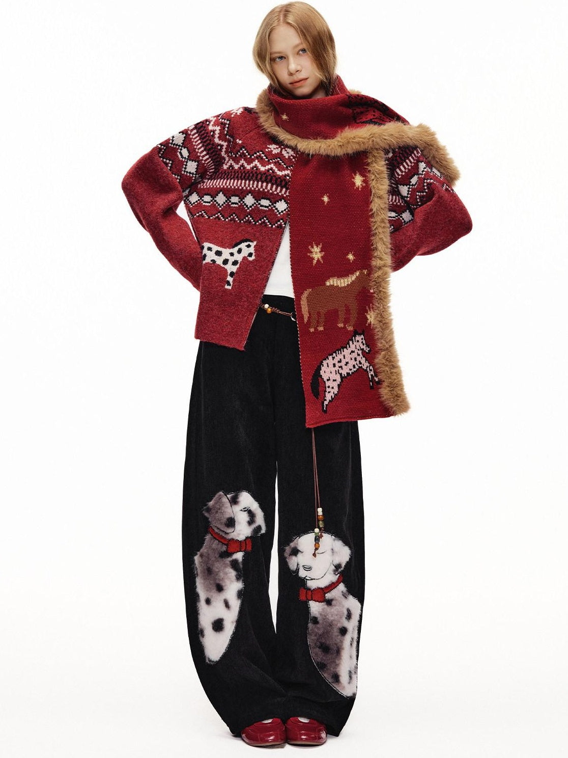 Outthe Blue Cozy Warm Relaxed Fit Jacquard High Neck Zipper Women Burgundy Knit Cardigans
