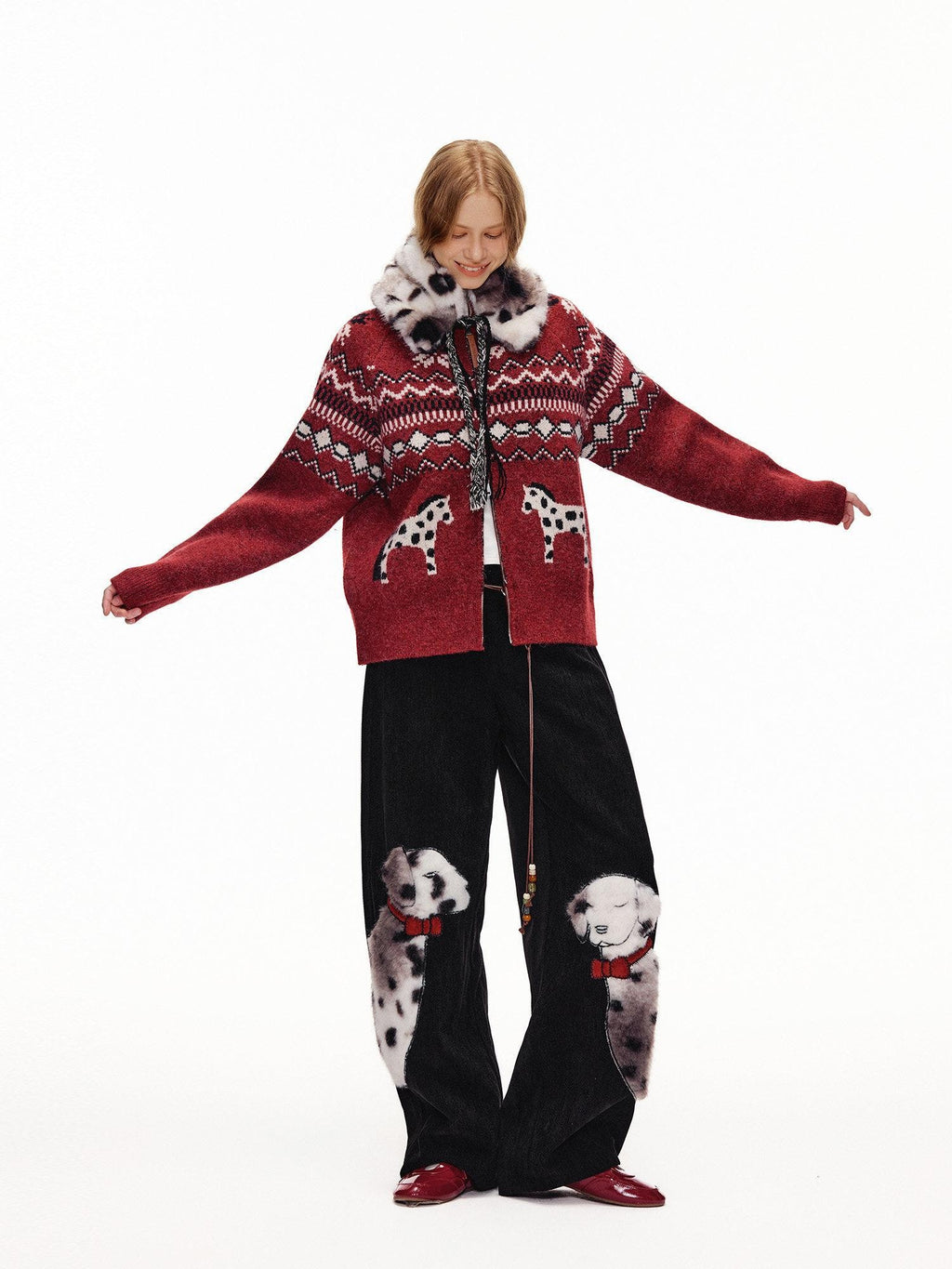 Outthe Blue Cozy Warm Relaxed Fit Jacquard High Neck Zipper Women Burgundy Knit Cardigans