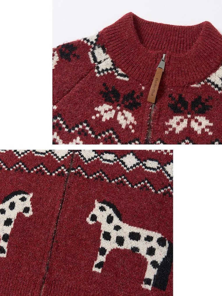 Outthe Blue Cozy Warm Relaxed Fit Jacquard High Neck Zipper Women Burgundy Knit Cardigans