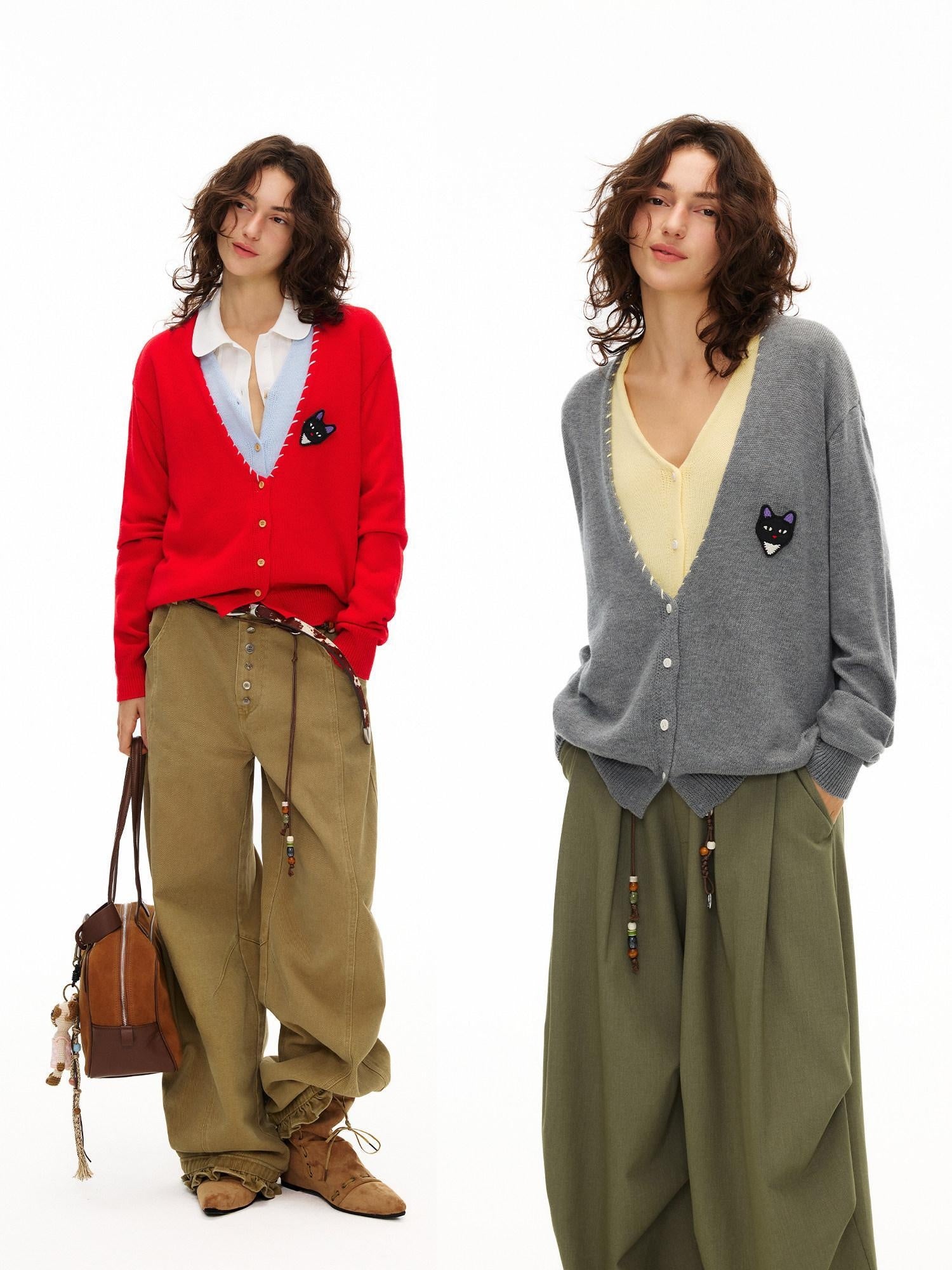 Outthe Blue Cozy Wool Blend Contrast Layered Look V-neck Button Front Women Knit Cardigans