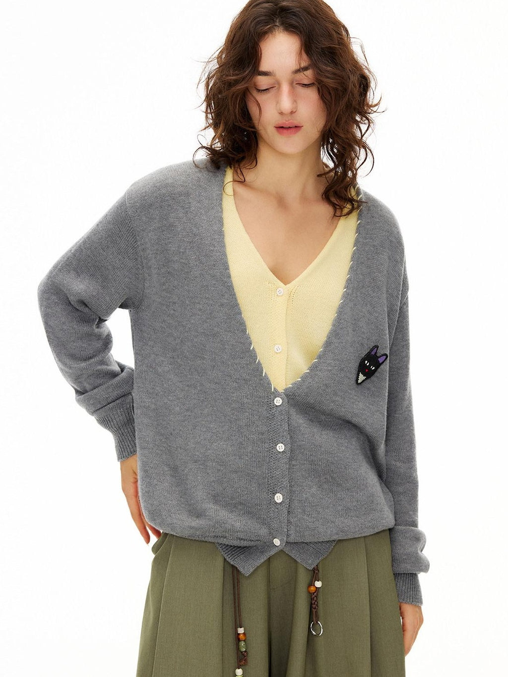 Outthe Blue Cozy Wool Blend Contrast Layered Look V-neck Button Front Women Knit Cardigans