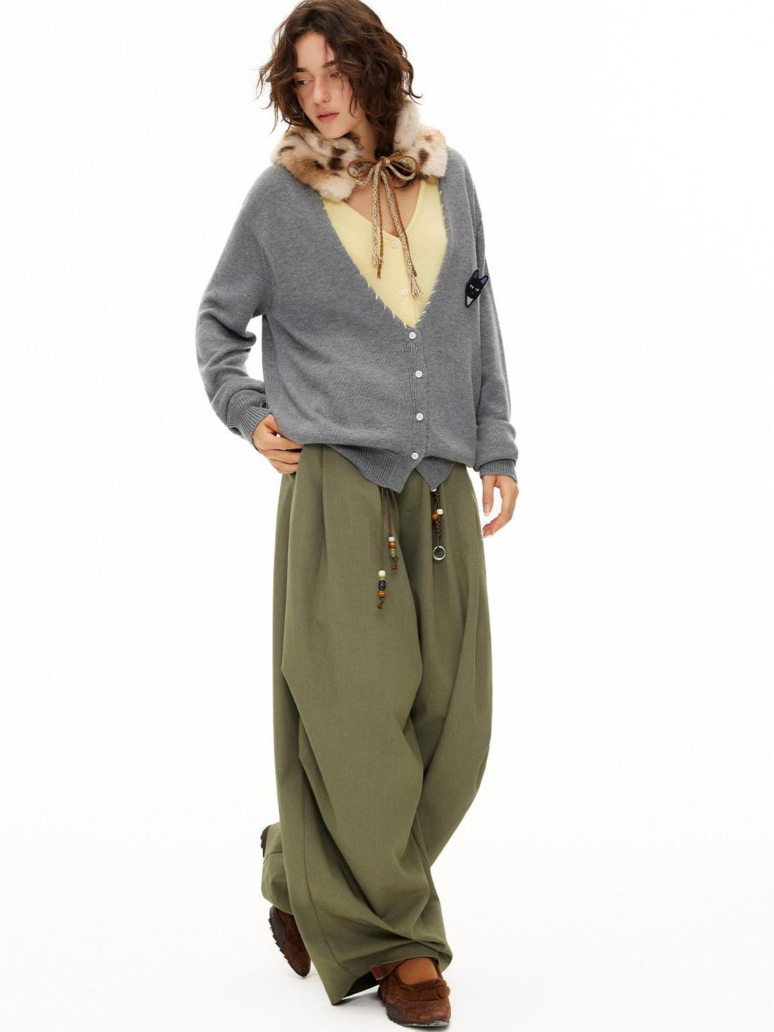 Outthe Blue Cozy Wool Blend Contrast Layered Look V-neck Button Front Women Knit Cardigans