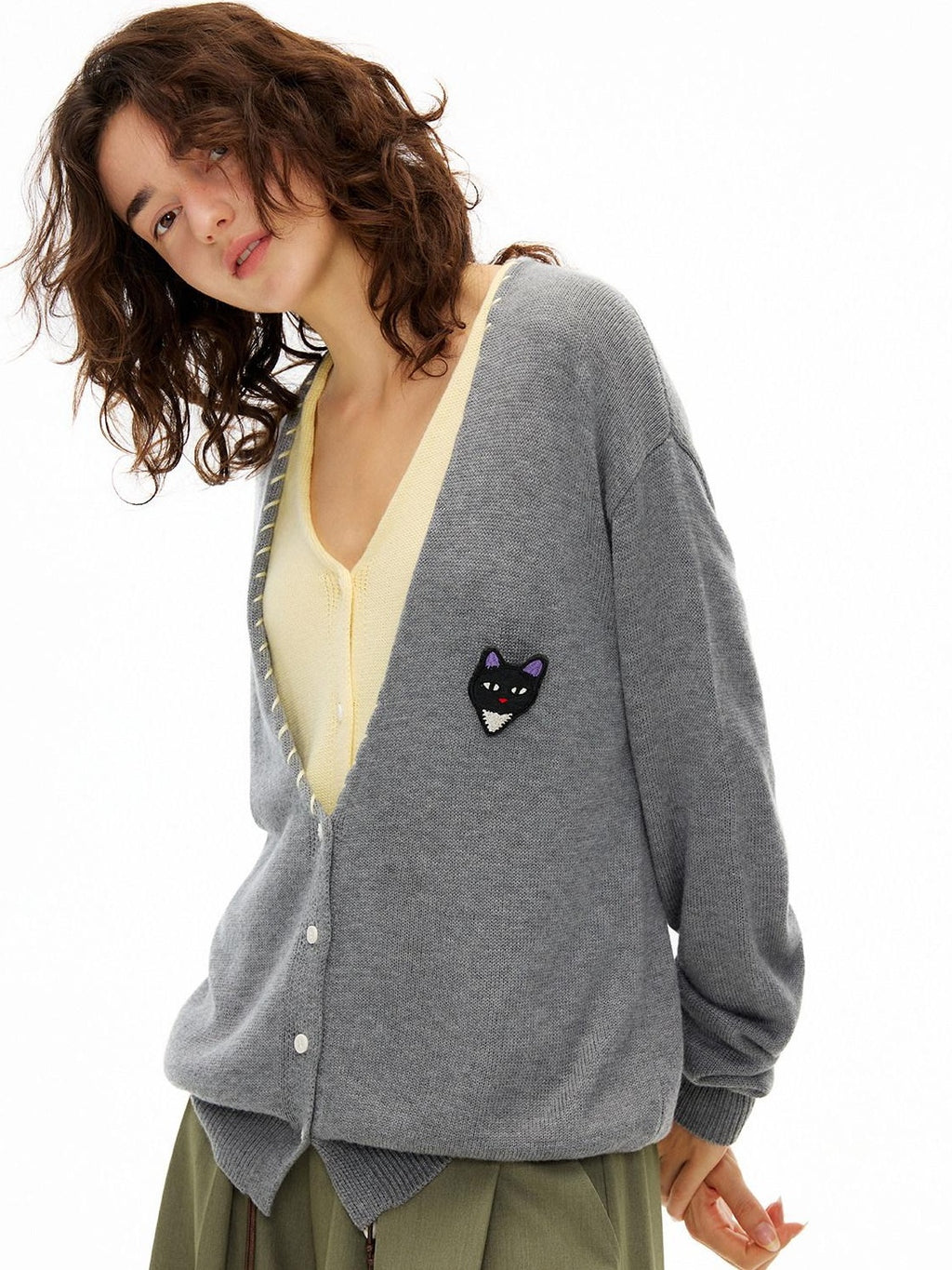 Outthe Blue Cozy Wool Blend Contrast Layered Look V-neck Button Front Women Knit Cardigans