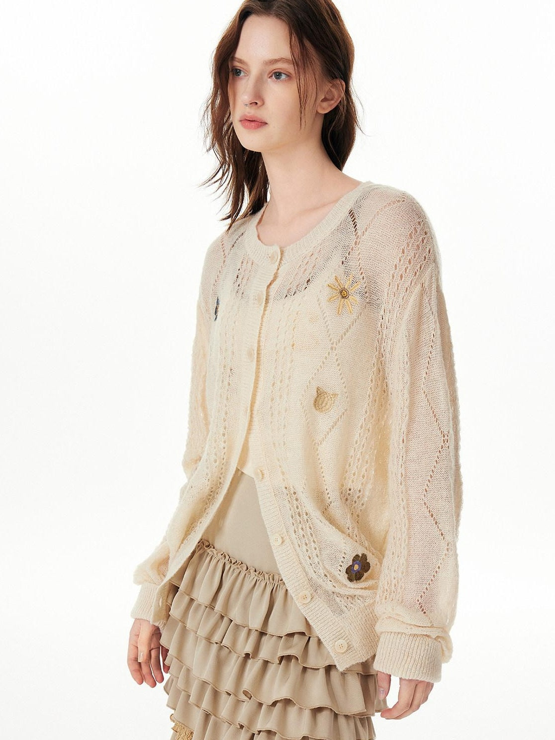 Outthe Blue Cozy Wool Blend Relaxed Animal Floral Motif Women Button Front Cardigans