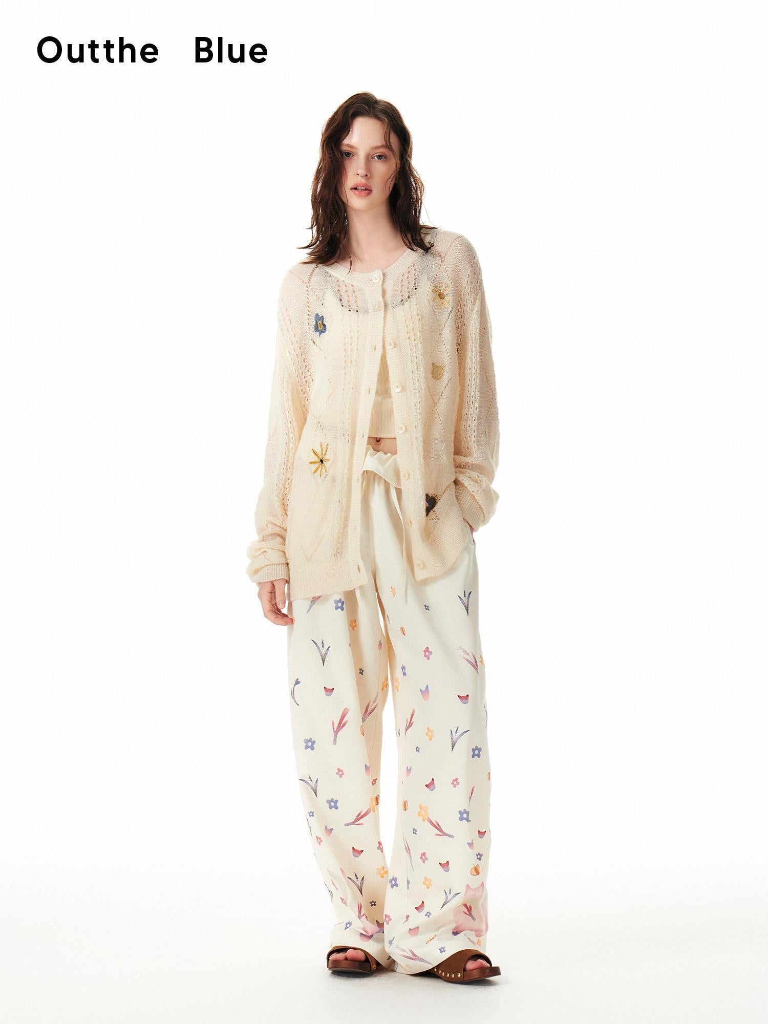 Outthe Blue Cozy Wool Blend Relaxed Animal Floral Motif Women Button Front Cardigans