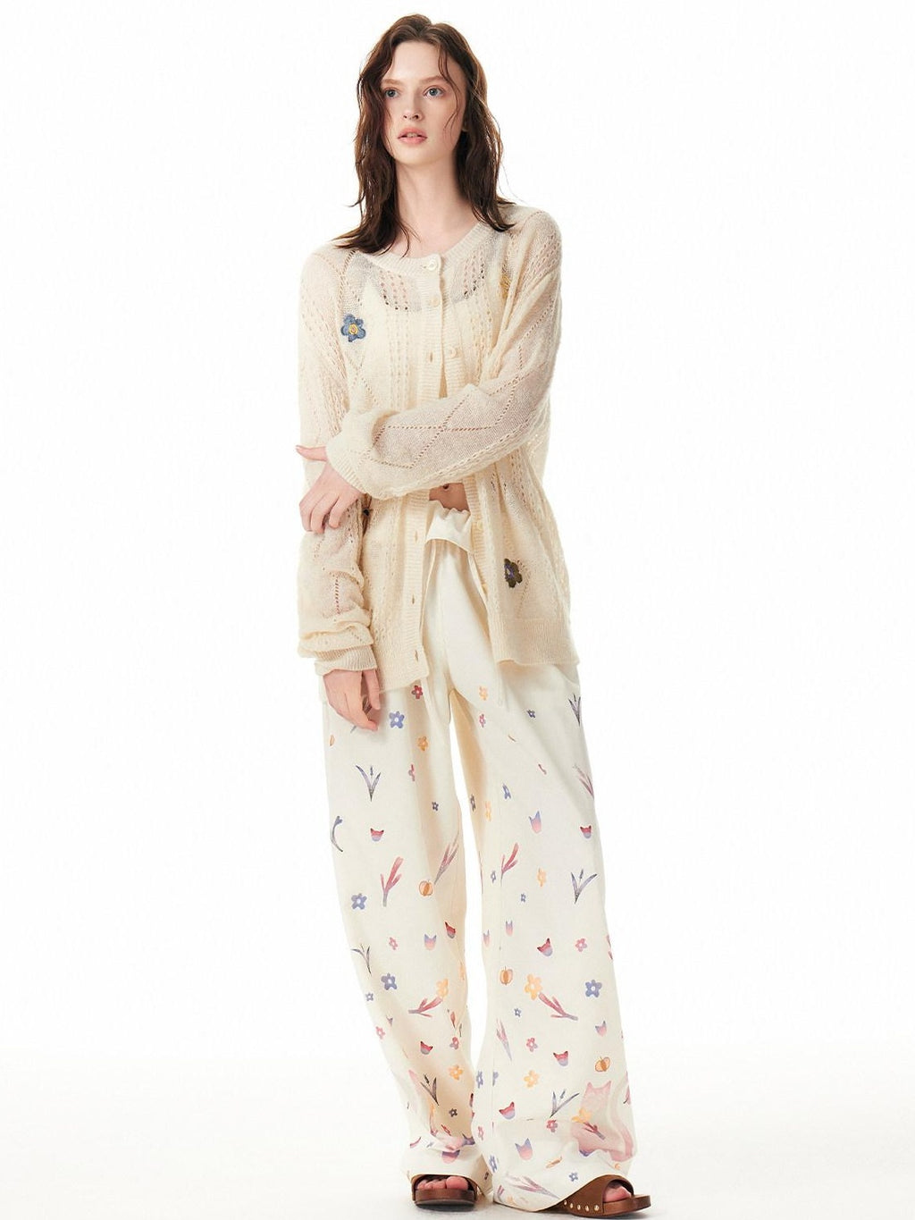 Outthe Blue Cozy Wool Blend Relaxed Animal Floral Motif Women Button Front Cardigans