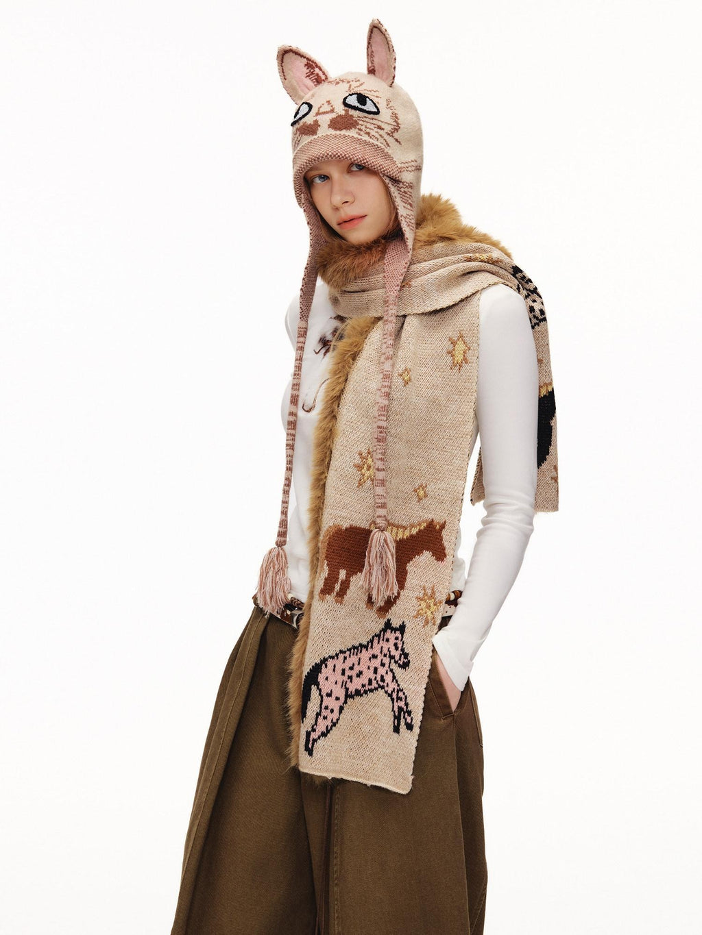 Outthe Blue Cozy Wool Blend Warm Neck Warmer Korean Style Unisex Animal Print Scarves