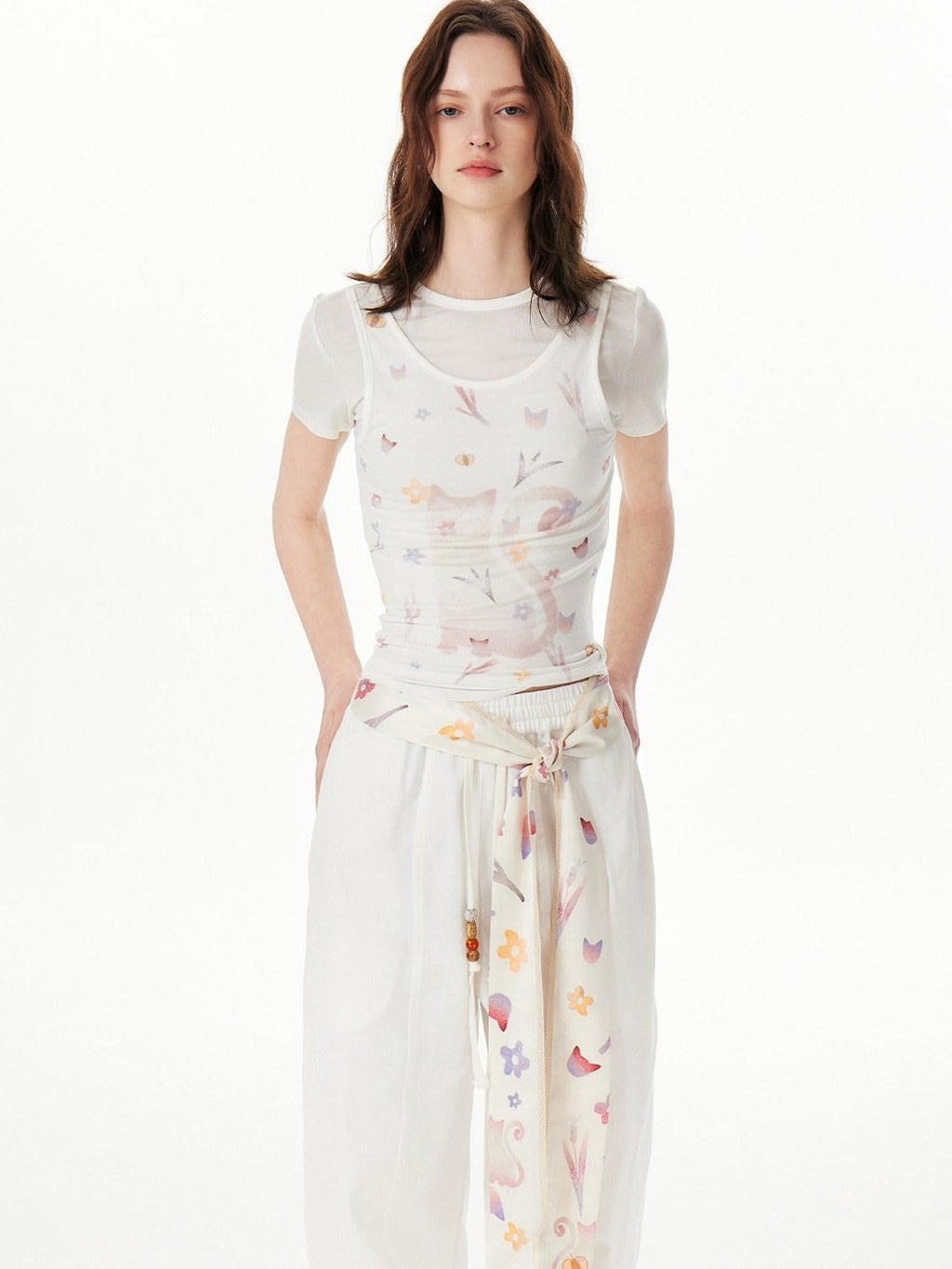 Outthe Blue Cute Cat Floral Print Scarf Style Polyester Waist Belt For Women Belts