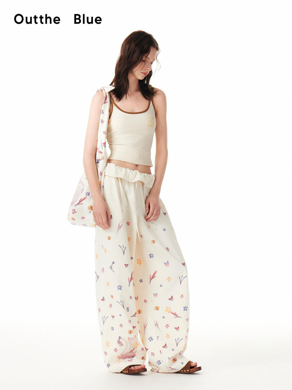 Outthe Blue Cute Cat Floral Print Sweet Natural Waist Long Polyester Women Straight Pants