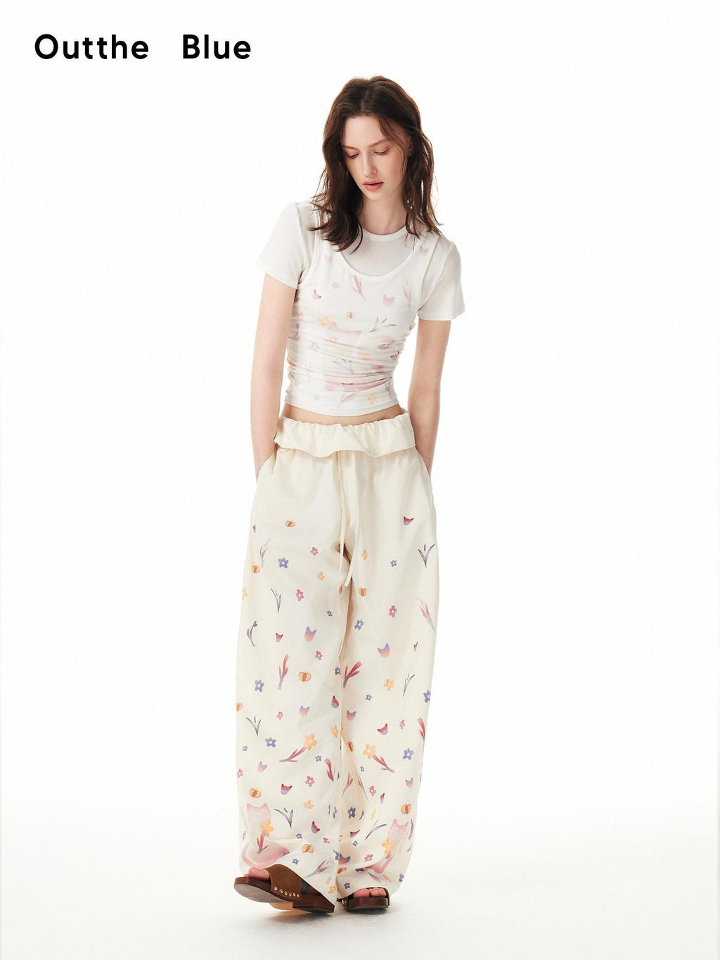 Outthe Blue Cute Cat Floral Print Sweet Natural Waist Long Polyester Women Straight Pants
