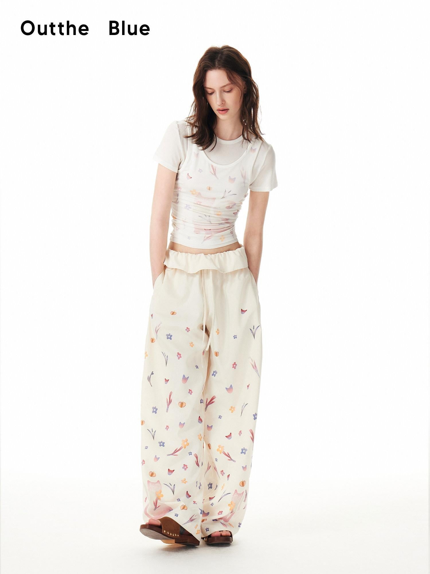 Outthe Blue Cute Cat Floral Print Sweet Natural Waist Long Polyester Women Straight Pants