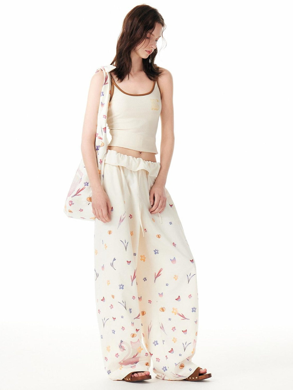 Outthe Blue Cute Cat Floral Print Sweet Natural Waist Long Polyester Women Straight Pants