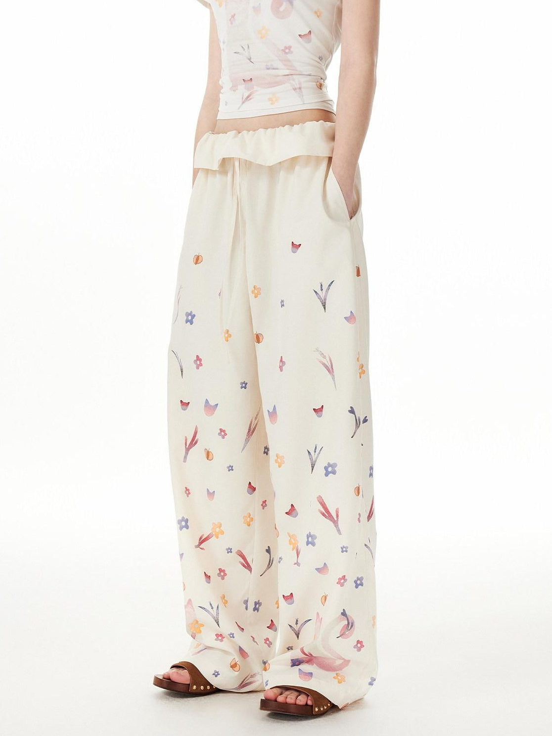 Outthe Blue Cute Cat Floral Print Sweet Natural Waist Long Polyester Women Straight Pants