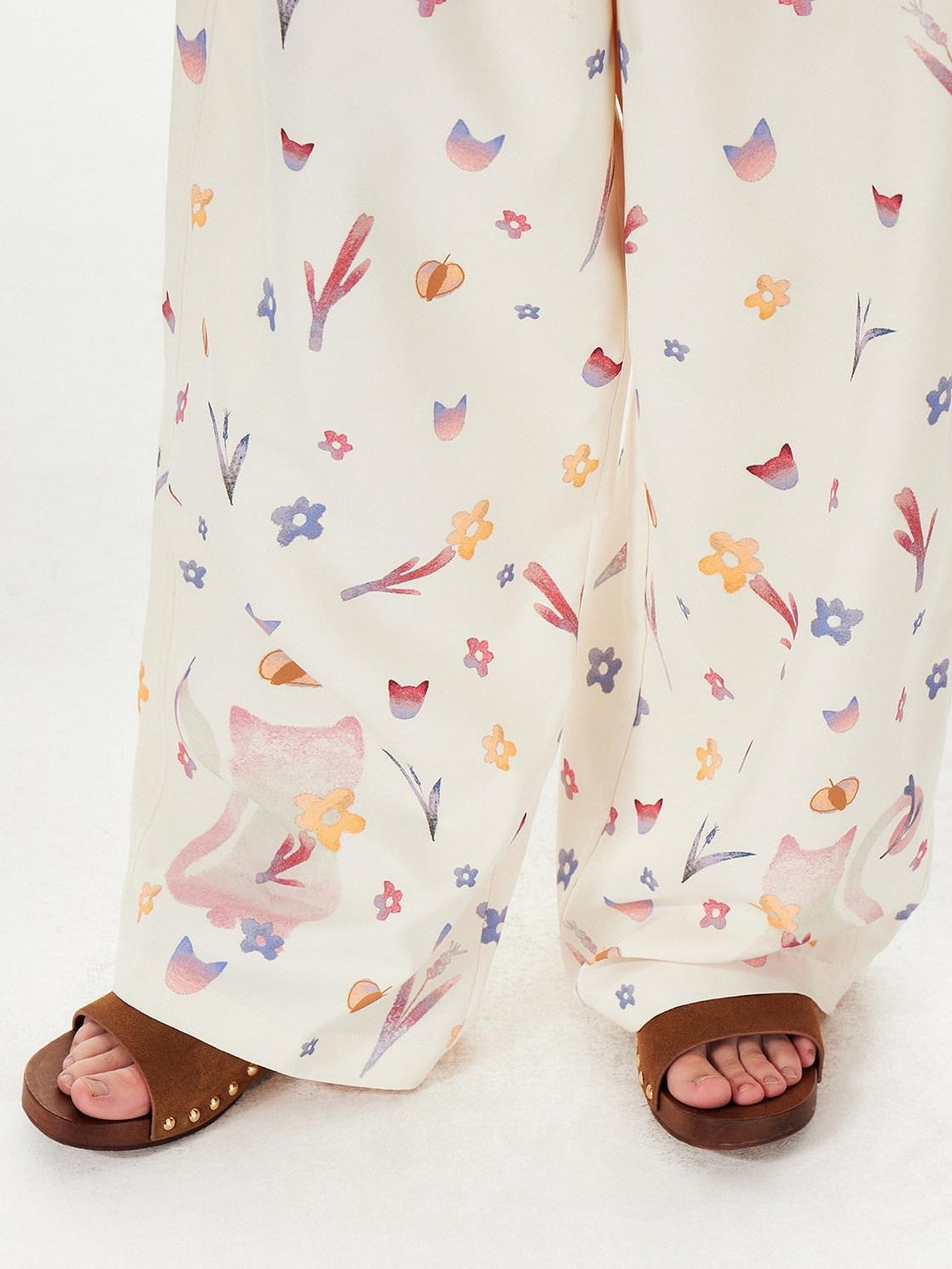Outthe Blue Cute Cat Floral Print Sweet Natural Waist Long Polyester Women Straight Pants