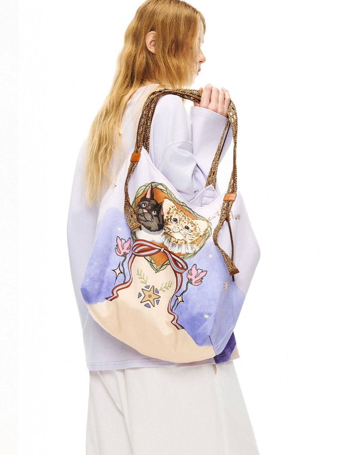 Outthe Blue Cute Cat Print Light Purple Roomy Square Double Strap Shoulder Women Tote Bags
