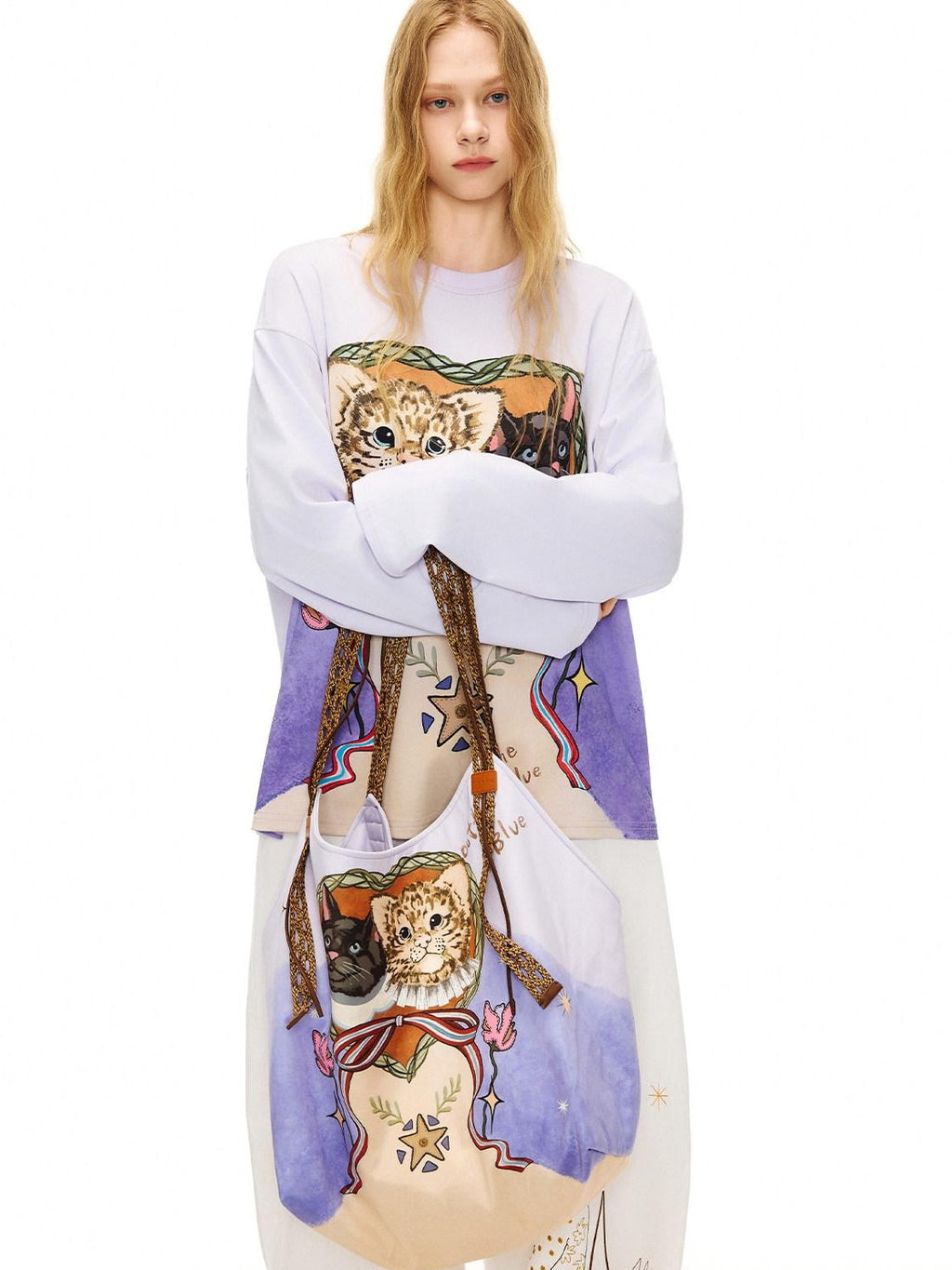 Outthe Blue Cute Cat Print Light Purple Roomy Square Double Strap Shoulder Women Tote Bags