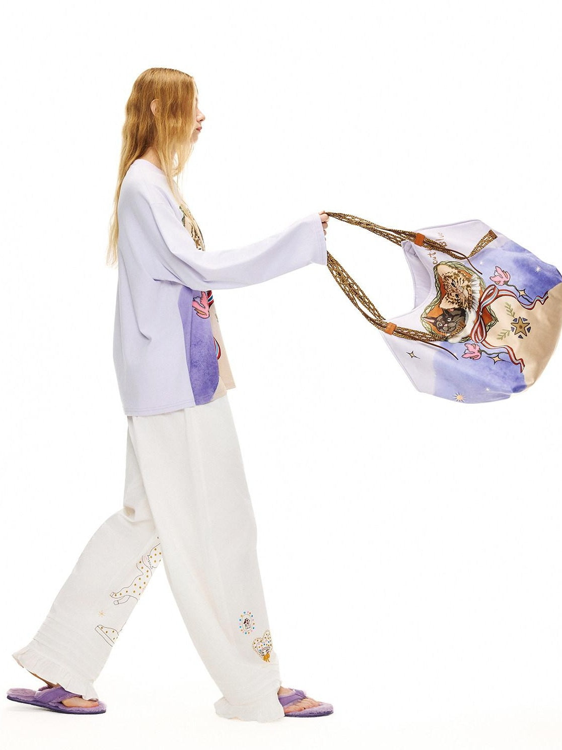 Outthe Blue Cute Cat Print Light Purple Roomy Square Double Strap Shoulder Women Tote Bags