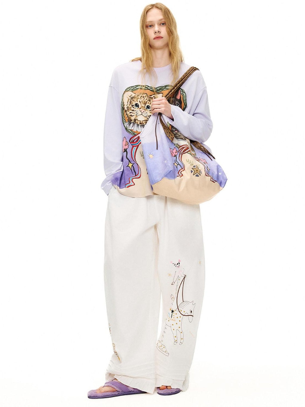 Outthe Blue Cute Cat Print Light Purple Roomy Square Double Strap Shoulder Women Tote Bags