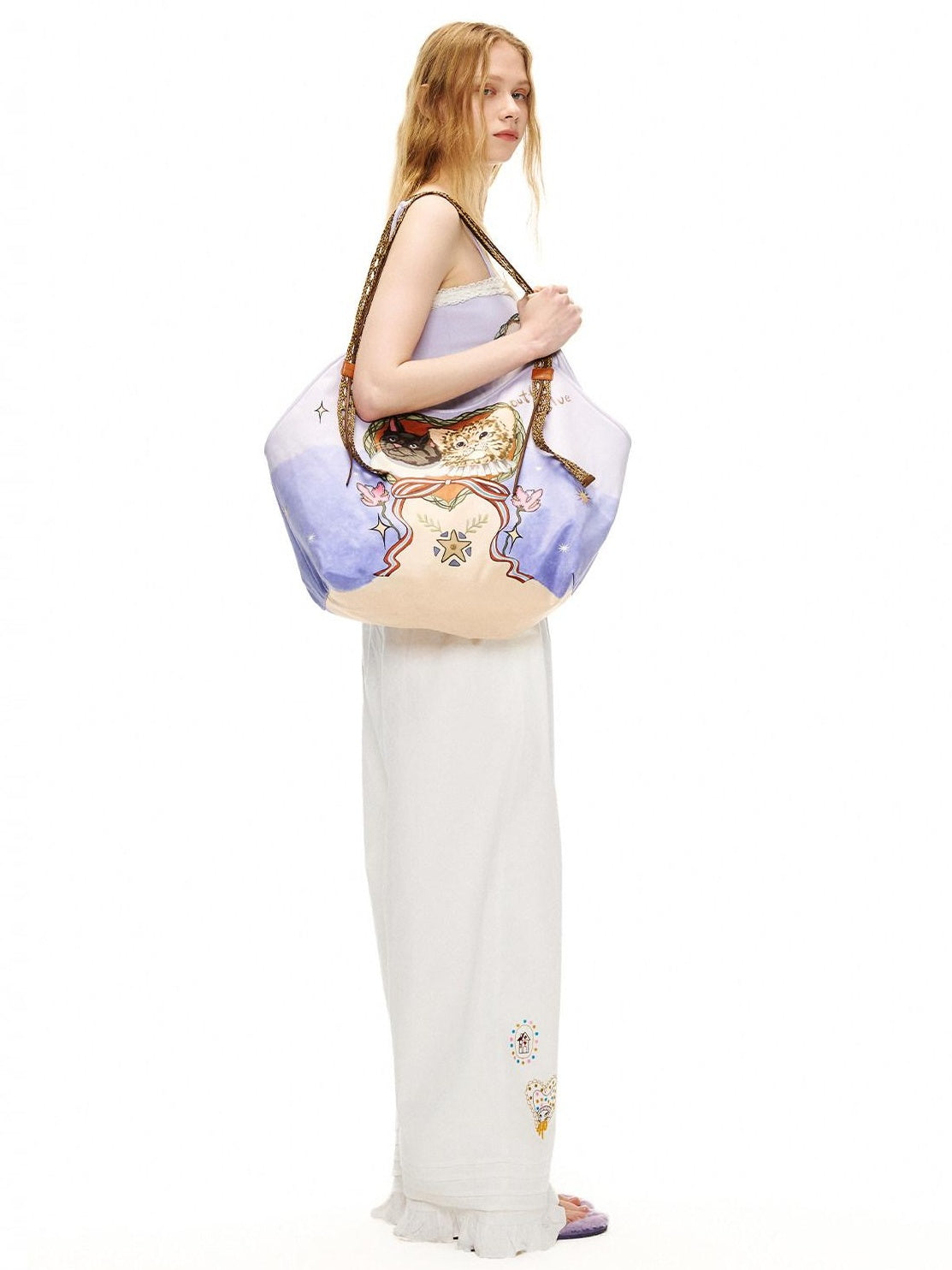 Outthe Blue Cute Cat Print Light Purple Roomy Square Double Strap Shoulder Women Tote Bags