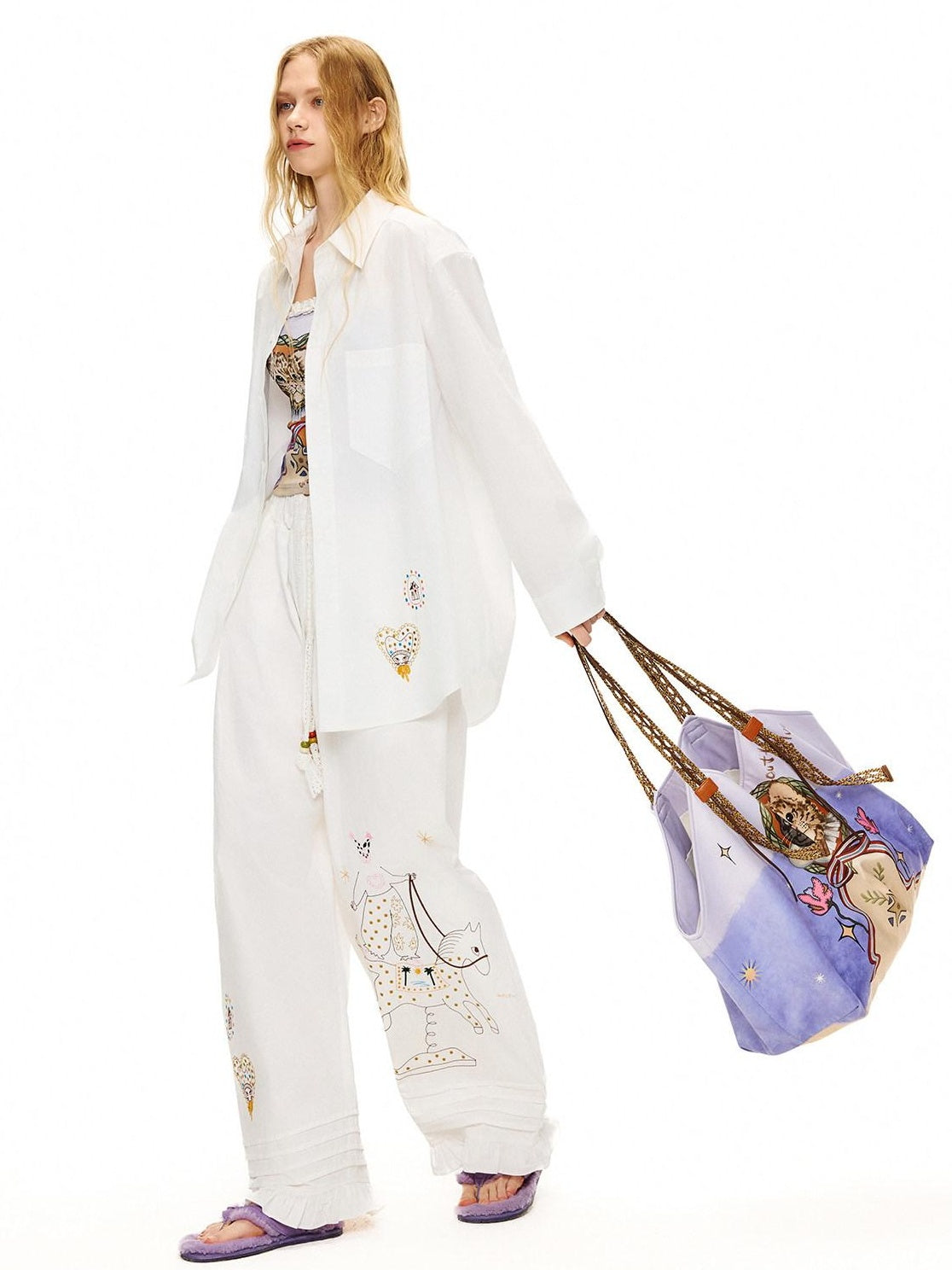 Outthe Blue Cute Cat Print Light Purple Roomy Square Double Strap Shoulder Women Tote Bags