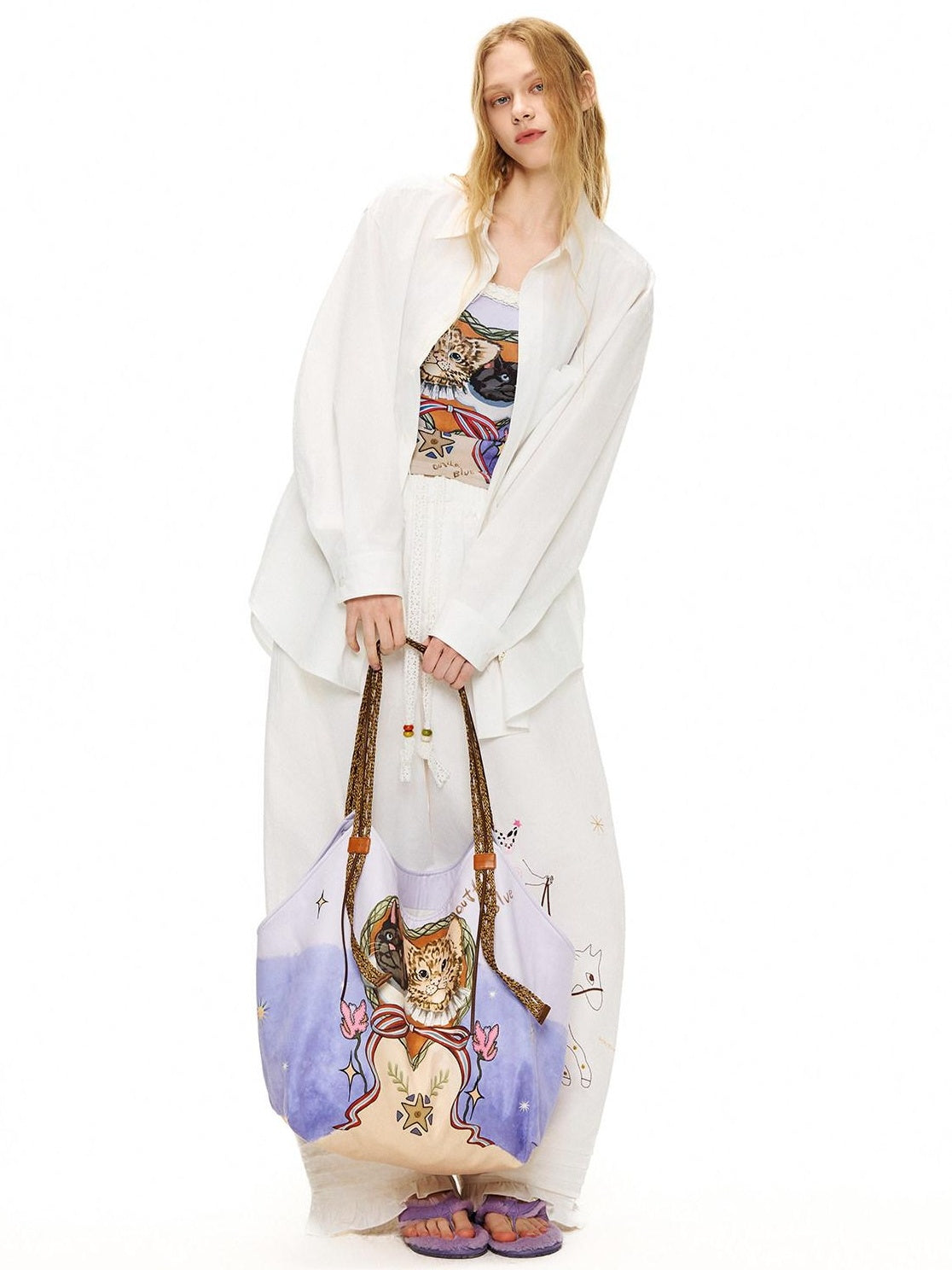 Outthe Blue Cute Cat Print Light Purple Roomy Square Double Strap Shoulder Women Tote Bags