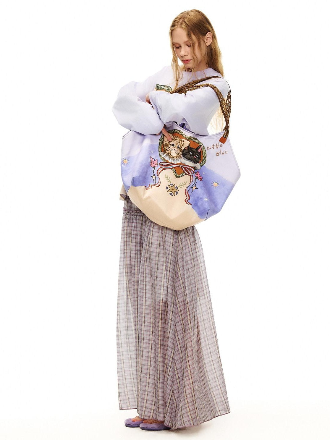 Outthe Blue Cute Cat Print Light Purple Roomy Square Double Strap Shoulder Women Tote Bags