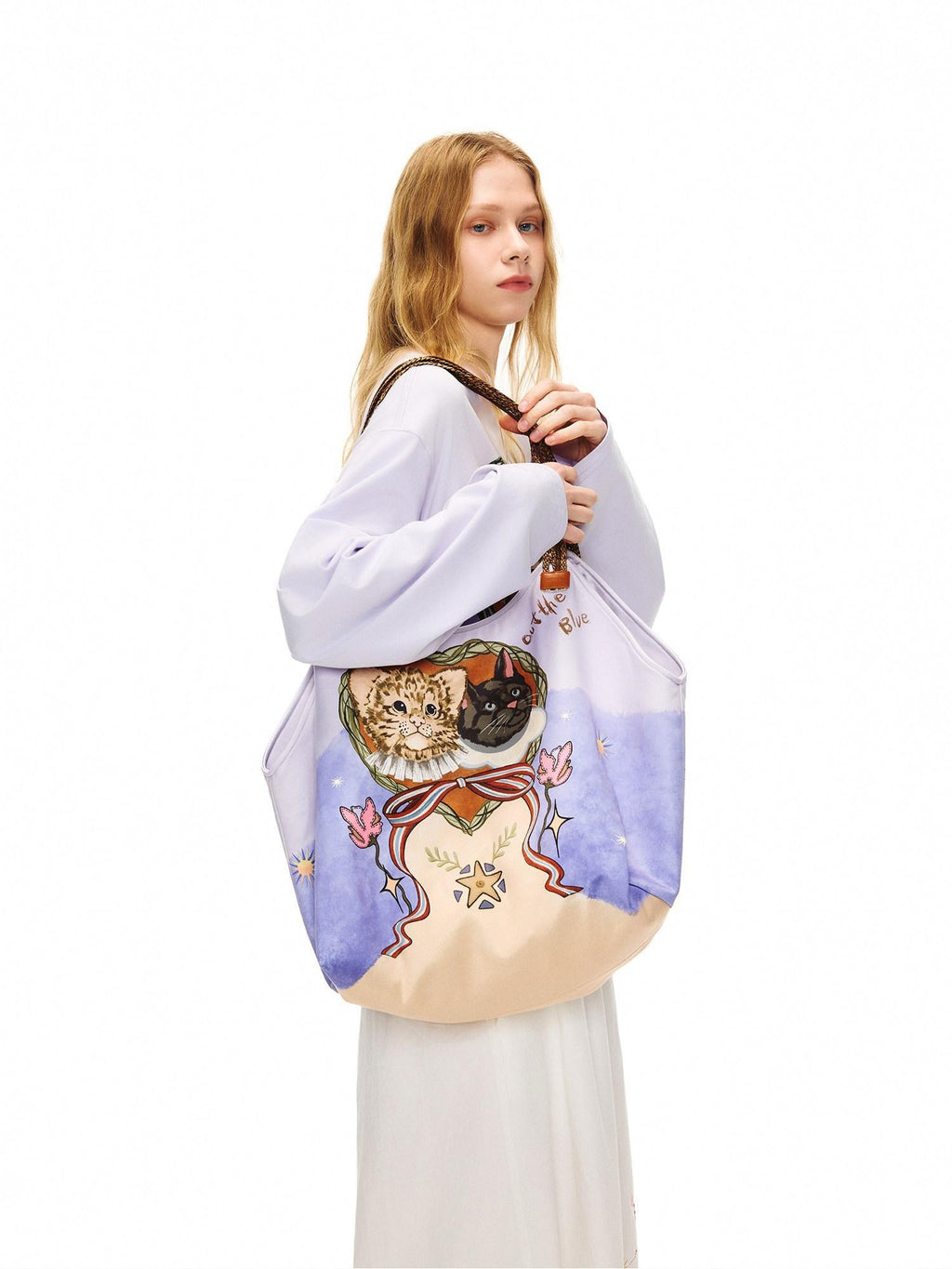 Outthe Blue Cute Cat Print Light Purple Roomy Square Double Strap Shoulder Women Tote Bags