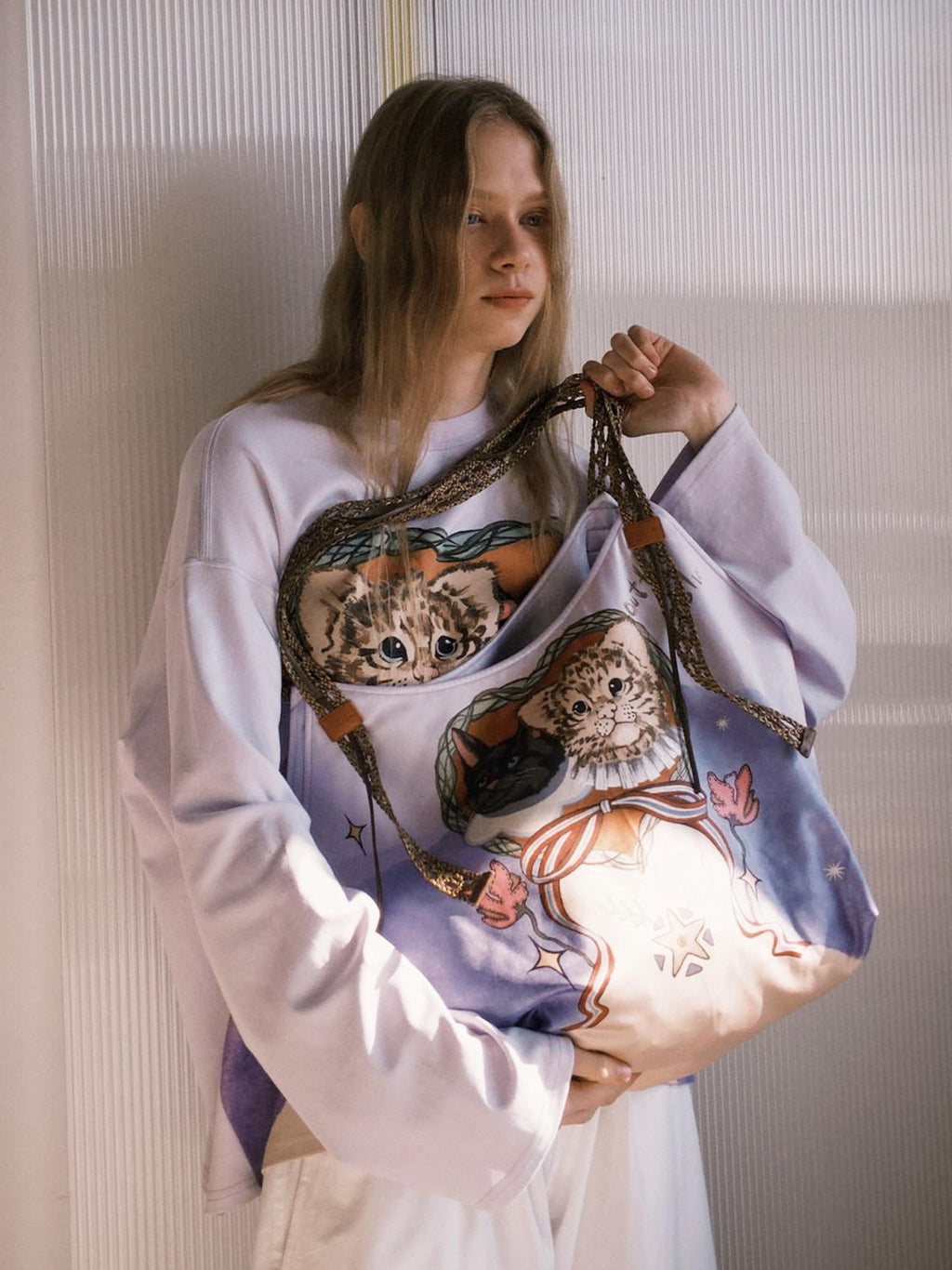 Outthe Blue Cute Cat Print Light Purple Roomy Square Double Strap Shoulder Women Tote Bags