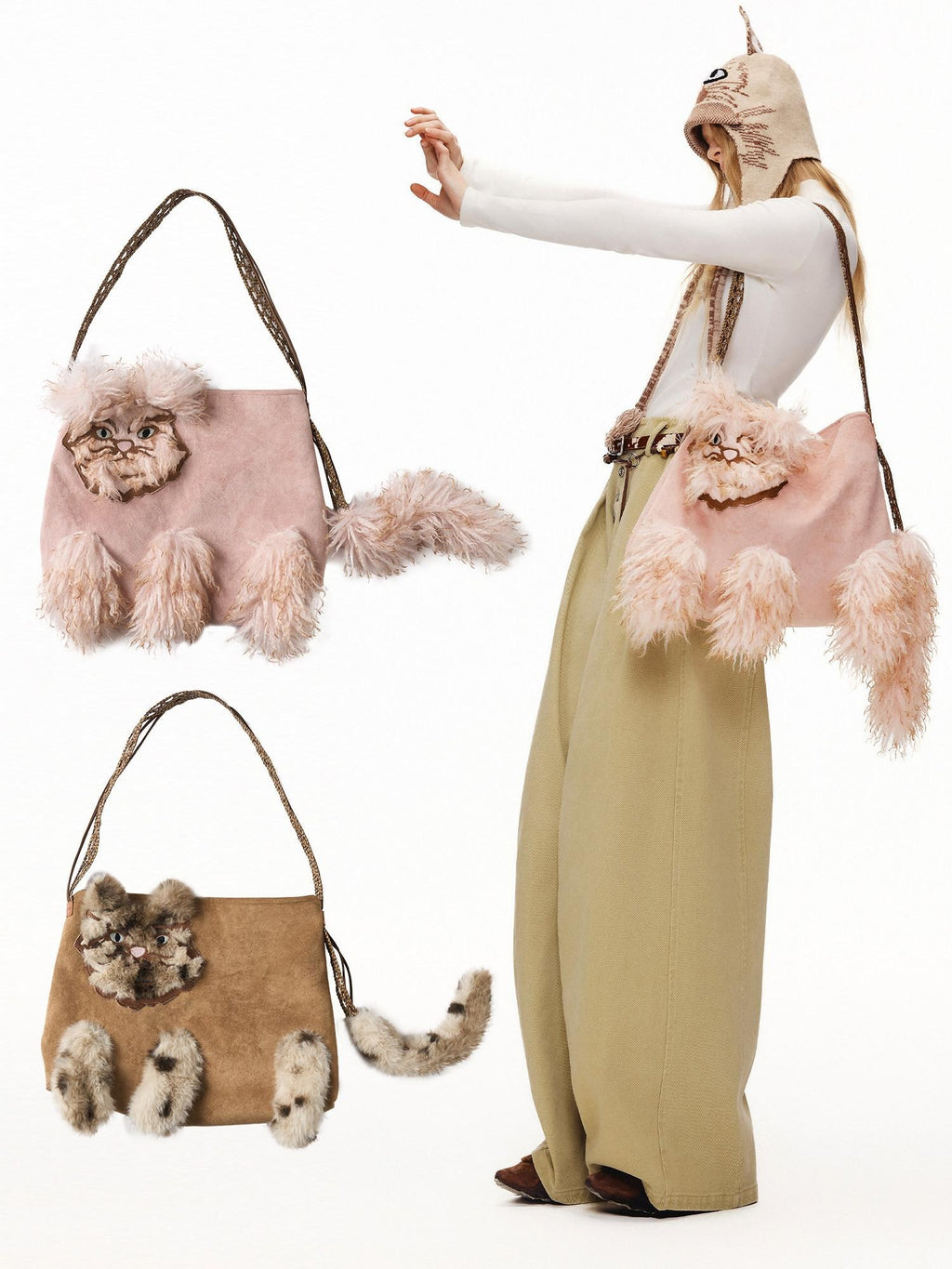 Outthe Blue Cute Edgy Cat Print Square Single Shoulder Women Vintage Pink Khaki Tote Bags
