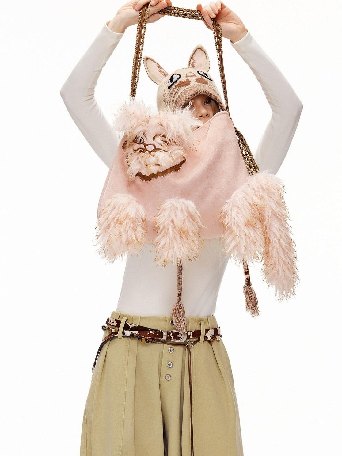 Outthe Blue Cute Edgy Cat Print Square Single Shoulder Women Vintage Pink Khaki Tote Bags